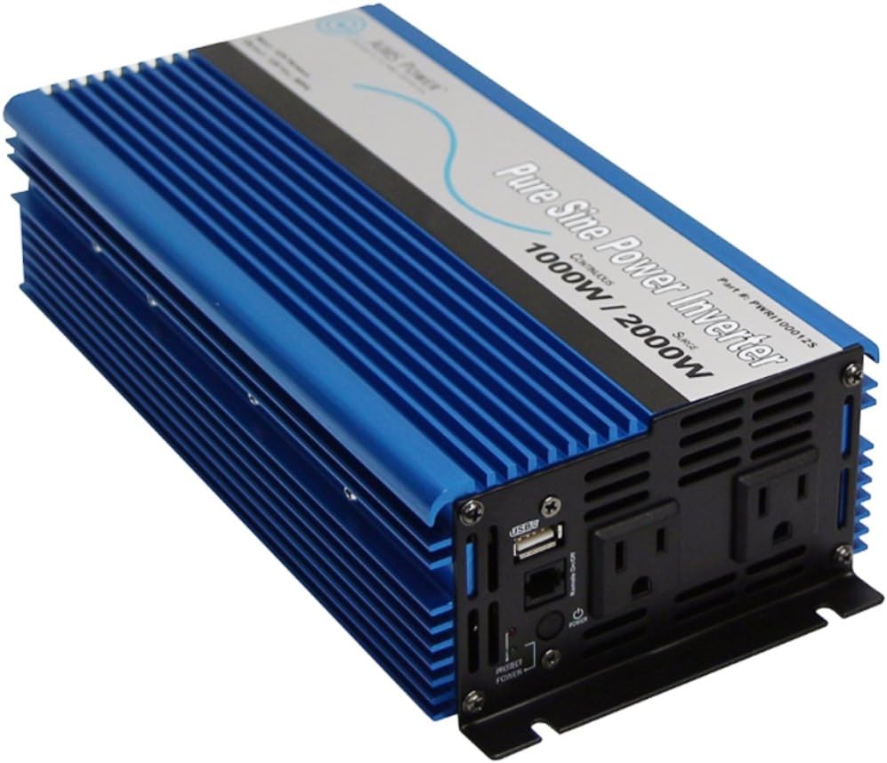 AIMS Power 1000 Watt, 2000 Watt Peak, Pure Sine DC to AC Power Inverter, USB Port, 2 Year Warranty, Optional Remote, Listed to UL 458