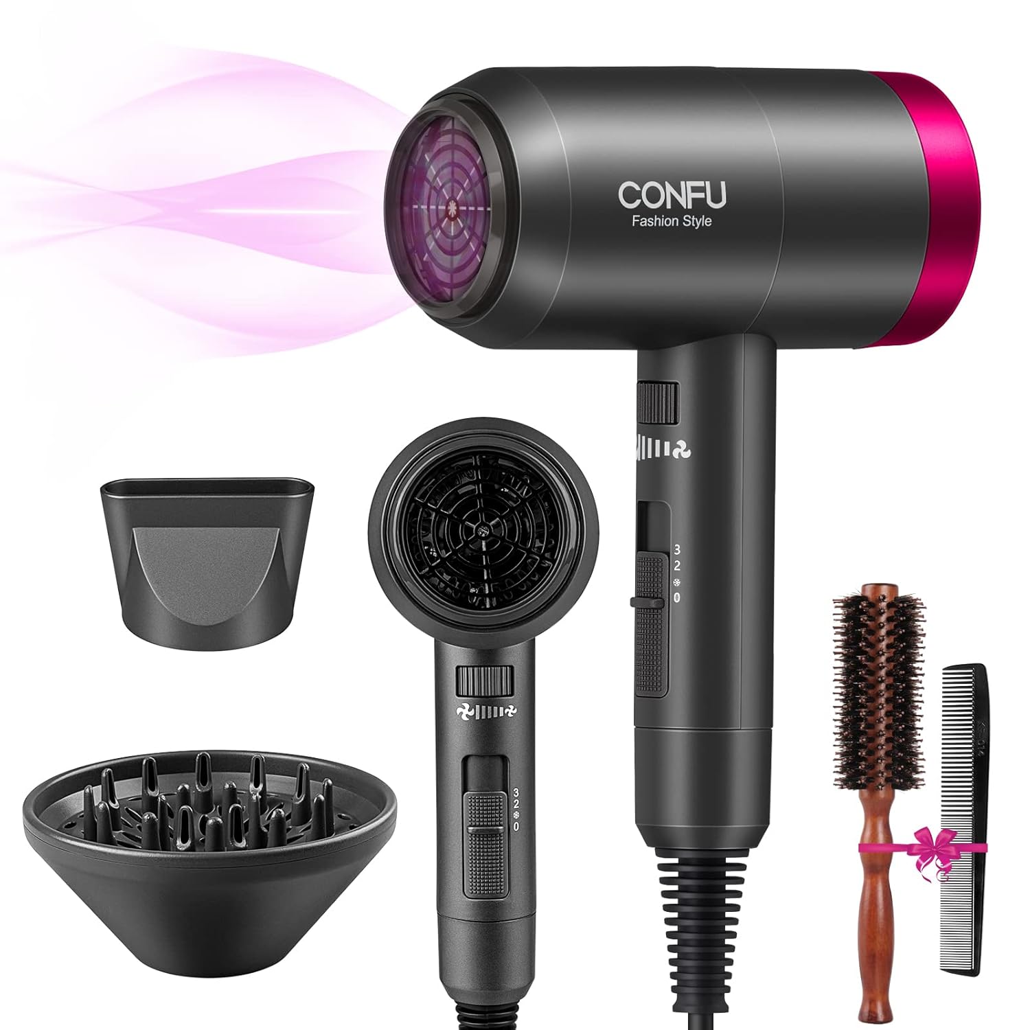 CONFU Hair Dryer, 1800W Hair Dryer, Hair Dryer with Diffuser, Blow Dryer for Home, 3 Heat Settings, Adjusting Airspeed, Powerful Lightweight Negative Ionic Hair Blow Dryer Pack of 2