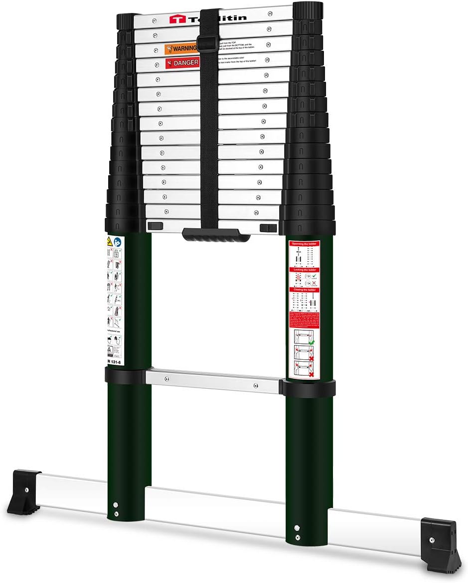 Toolitin 15.5FT Telescoping Ladder with Stabiliser Bar,Slow Down Design Aluminum Telescopic Extension Ladder, One Button Retraction Multi-Purpose Collapsible Ladder, 330 Lb Capacity