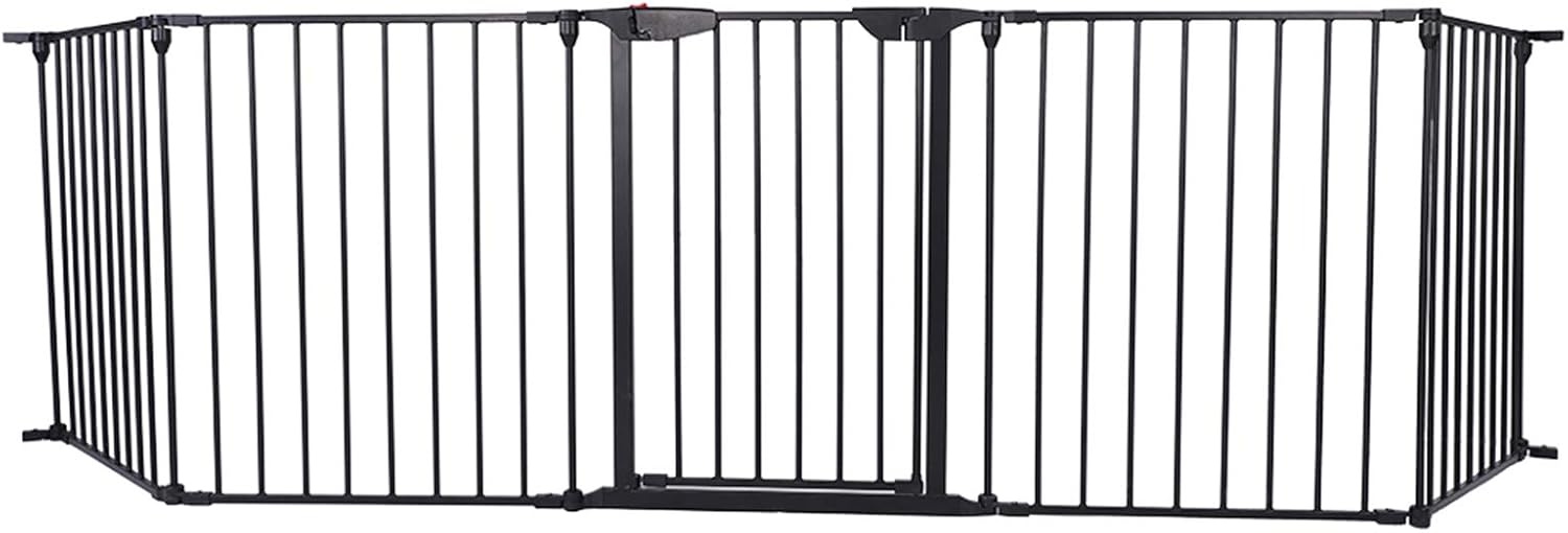 Goujxcy Metal Baby Gate with Walk-Through Door, 120-Inch Wide Fireplace Safety Fence Wood Stove Fence Christmas Tree Fence, Add/Decrease Panels Directly, Wall-Mount Metal Gate for Toddler (5-Panel)