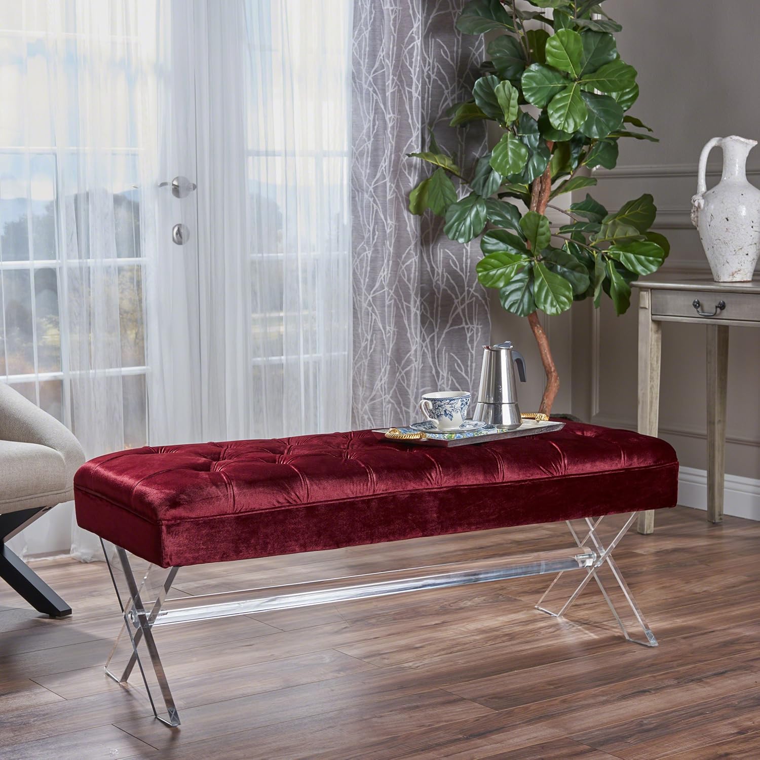 Christopher Knight Home Emeric Tufted Velvet Ottoman with Clear Acrylic Legs, Garnet / Clear