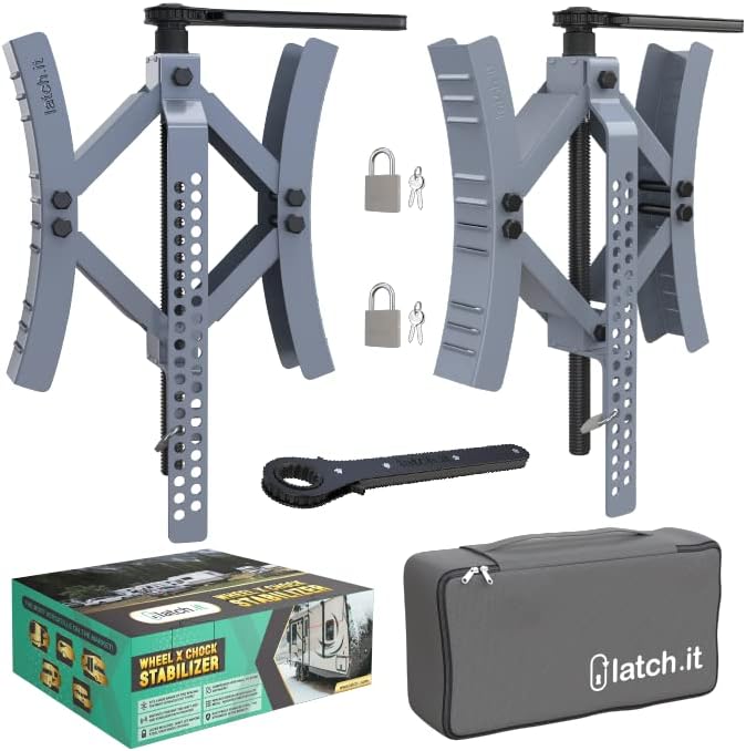 LATCH.IT RV Wheel Chocks 2-Pack | X Chocks Wheel Stabilizer for Travel Trailers | Rust-Proof Coated Camper Wheel Chock | Best RV Wheel Locks - Park on Uneven Surfaces with Maximum Stability! Pack of 2