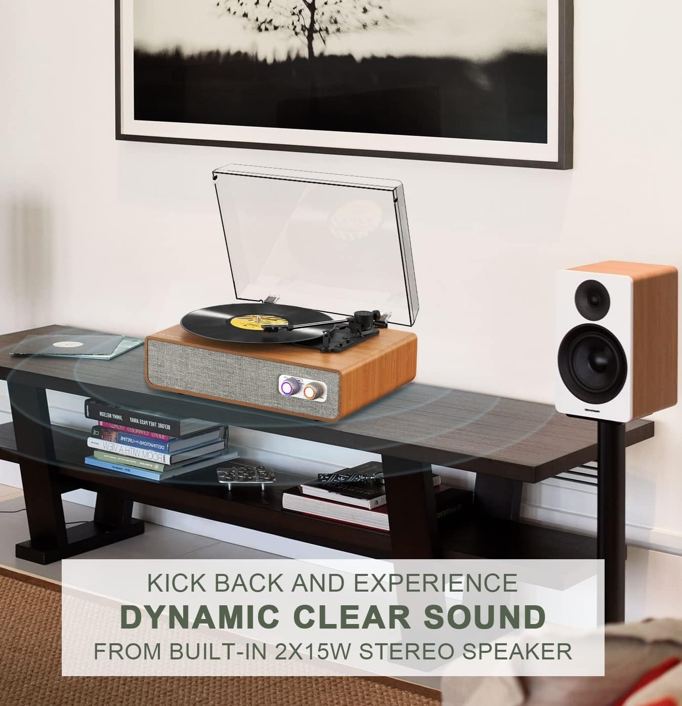 Record Player Bluetooth Turntable with Built-in Dual 15W Speakers, Vinyl Record Player 3 Speed LP Vintage Record Player with RCA Output AUX-in Counterweight Includes Turntable Mat & Extra Needle, Wood Pack of 2