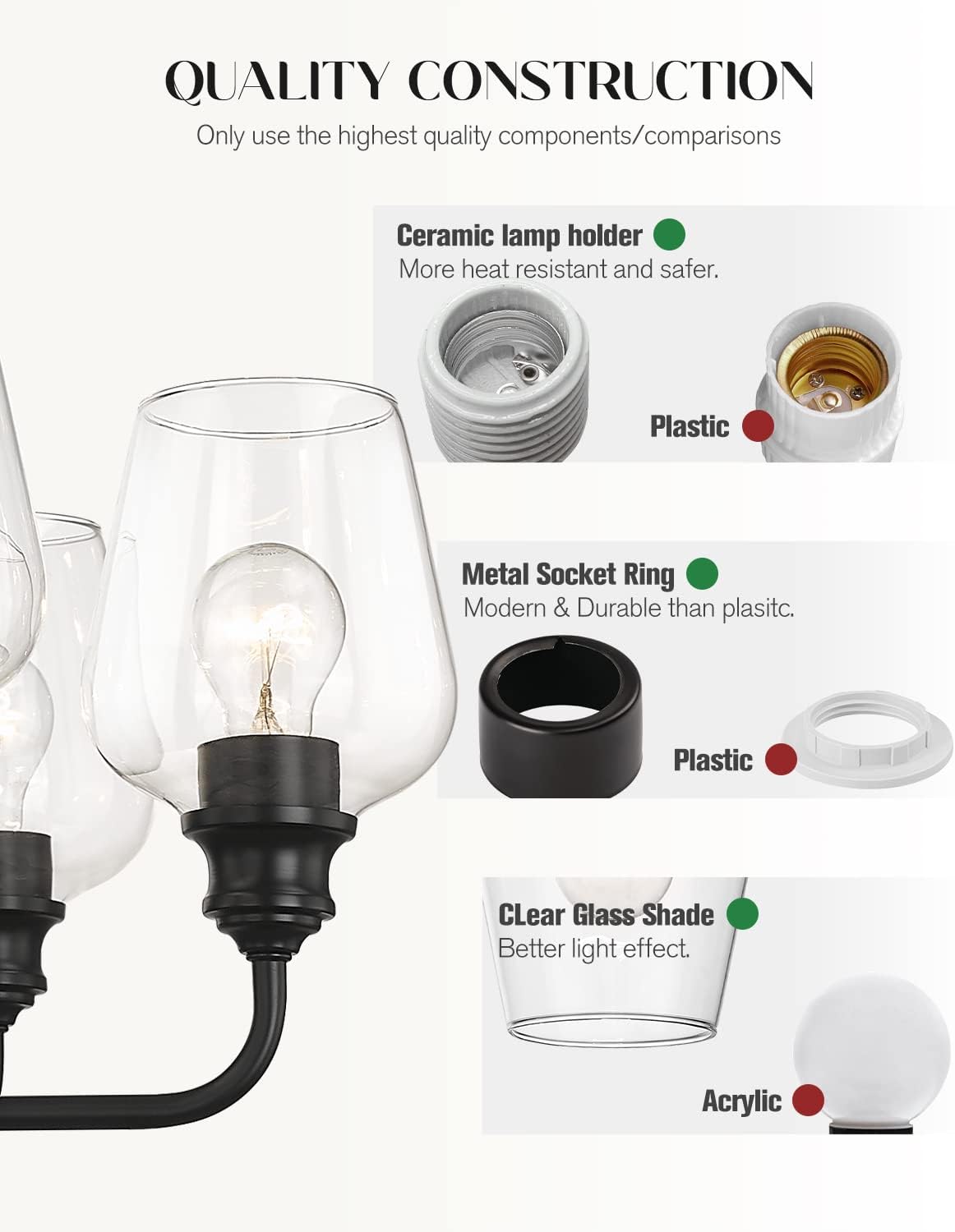 EMAK 6-Light Black Chandeliers Light Fixture with Clear Glass Shades Pendant Lighting for Dining Rooms Industrial Farmhouse Living Room Bedroom