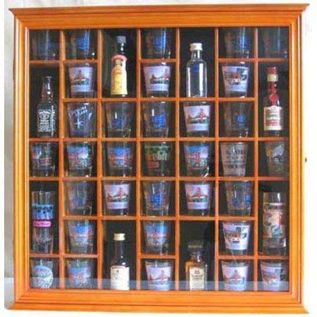 41 Shot Glass Display Case Holder Cabinet Wall Rack with Glass DOOR, Oak Finish