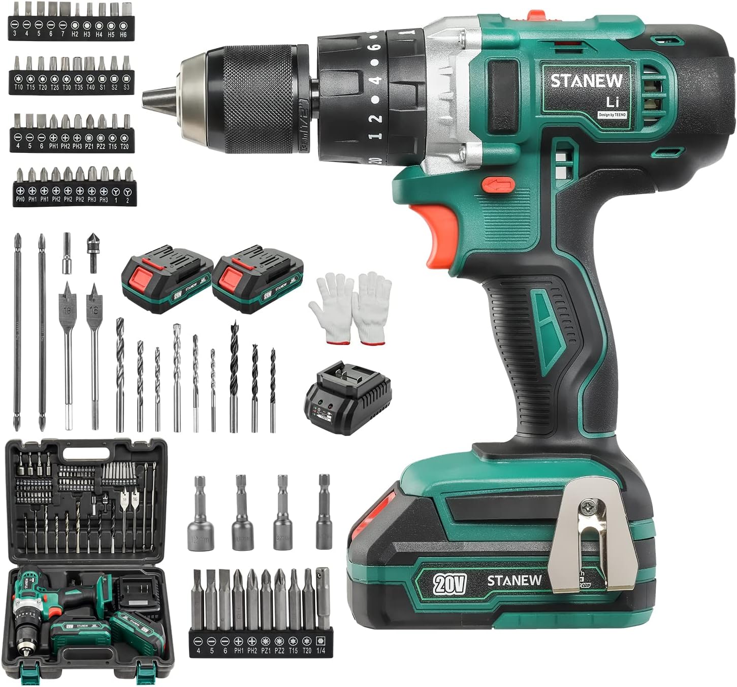 STANEW Cordless Hammer Drill Impact Driver Drill with 20V 2.0Ah Li-ion Battery, 69 accessories, with Carrying Case 2 Batteries and Charger