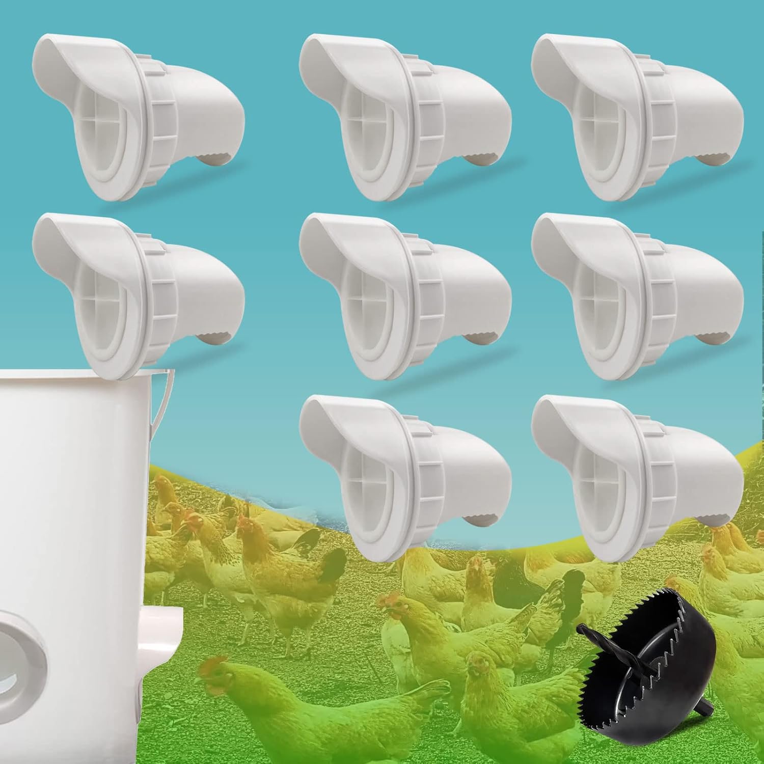 Chicken Feeder No Waste 8 Pcs, Rodent Proof Chicken Feeder, DIY Chicken Feeder Kit, Rat Proof Chicken Feeder, Automatic Chicken Feeder,8 Chicken Feeder Port,1 Hole Saw Pack of 2