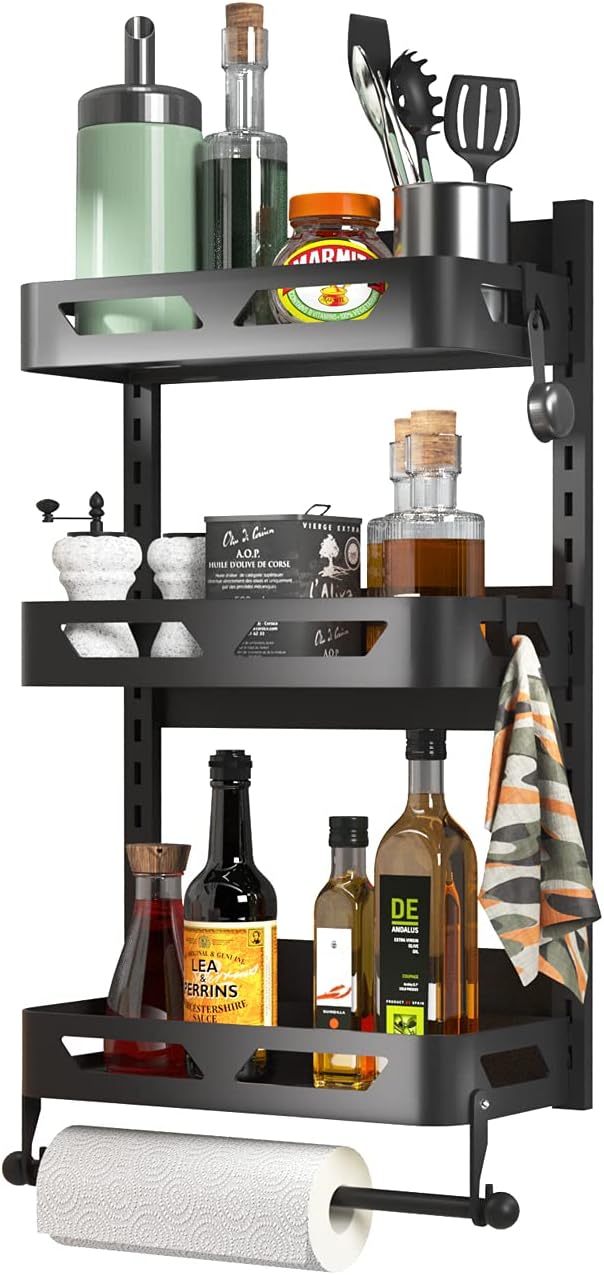 Supwunwang Magnetic Fridge Spice Rack Organizer，Magnetic Refrigerator Storage Rack with 3 Utility Hooks, 4 Tier Magnetic Paper Towel Holder, Multi Use Kitchen Rack Shelves [Matte Black] (black11)