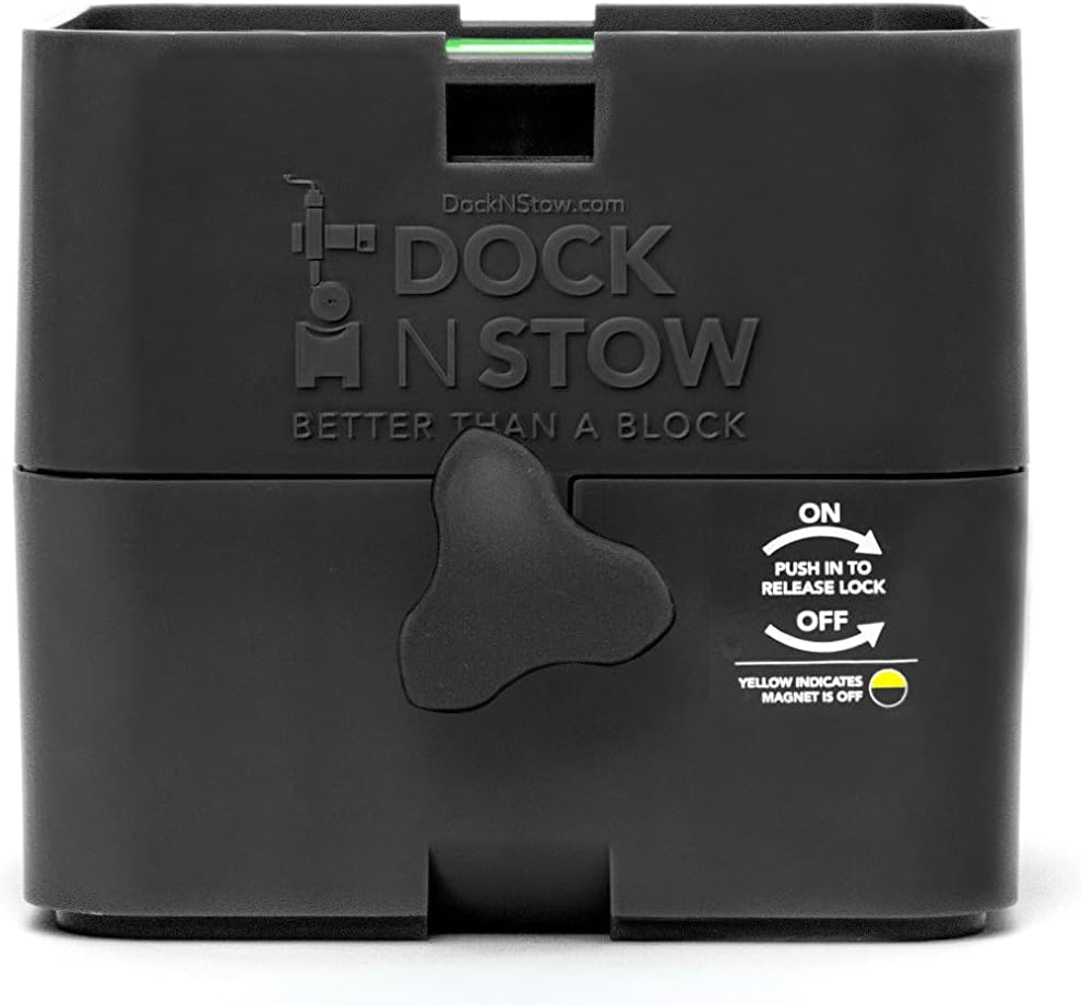 Dock N Stow Trailer Jack Stand, Stabilizing Leveling Block Stores on Tongue Frame, Fits Most Jack Foot Plates, and Wheels, RV Camper, Pop Up, Boat, Utility Travel Accessories, Secures w/a Magnet GEN 2