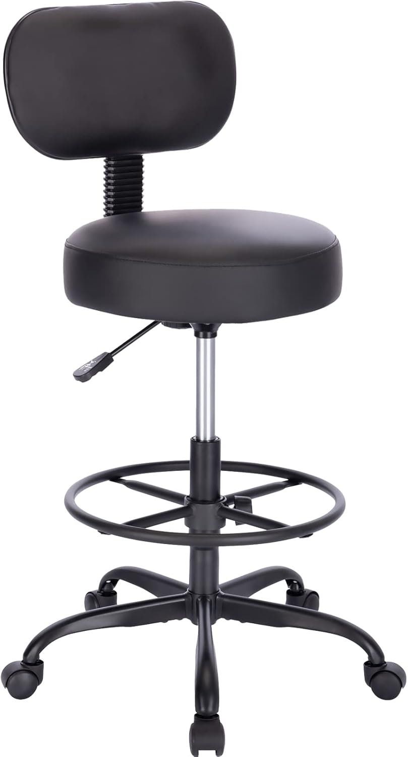 SUPERJARE Drafting Chair with Back, Adjustable Foot Rest Rolling Stool, Multi-Purpose Office Desk Chair, Thick Seat Cushion for Home Bar Kitchen Shop - Black