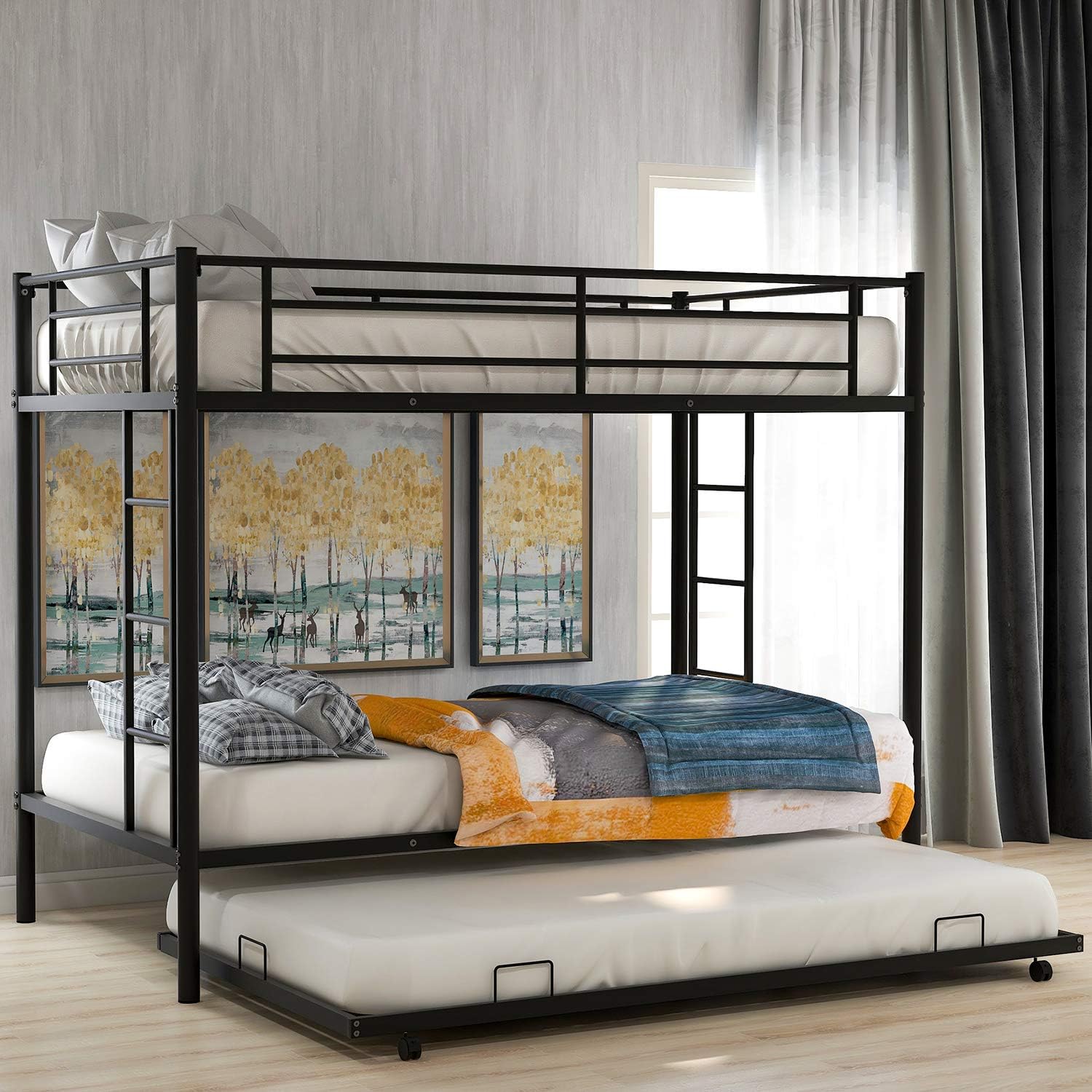 Bunk Beds with Trundle, Hinpia Metal Twin Over Twin Bunk Bed Frame with 2 Ladders and Safety Guardrails, No Box Spring Needed, Easy Assembly (Black)
