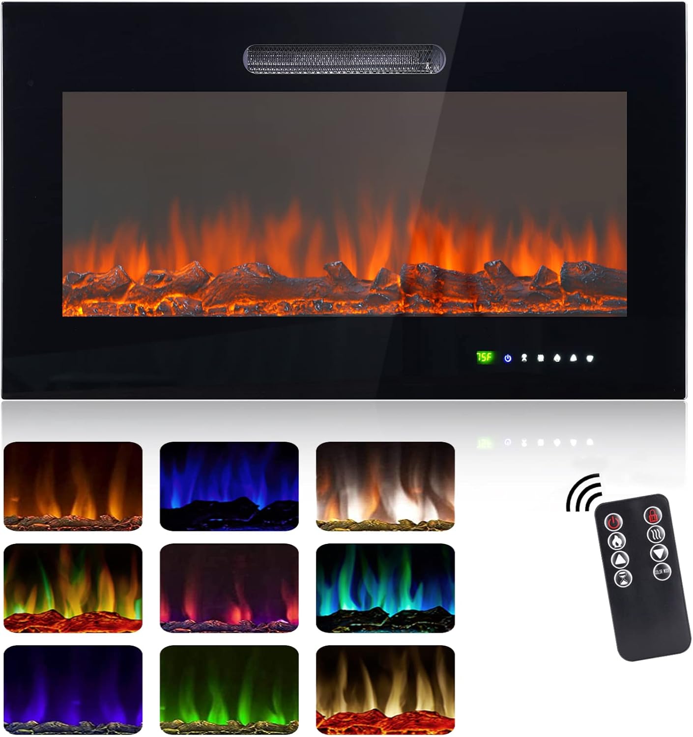 Lovinouse 36 Inch Recessed Wall Mounted Electric Fireplace, Ultra-Thin and Silence Fireplace with 12 Hour Timer, 750/1500W, Touch Screen/Remote Control, Adjustable Flame Colors and Brightness