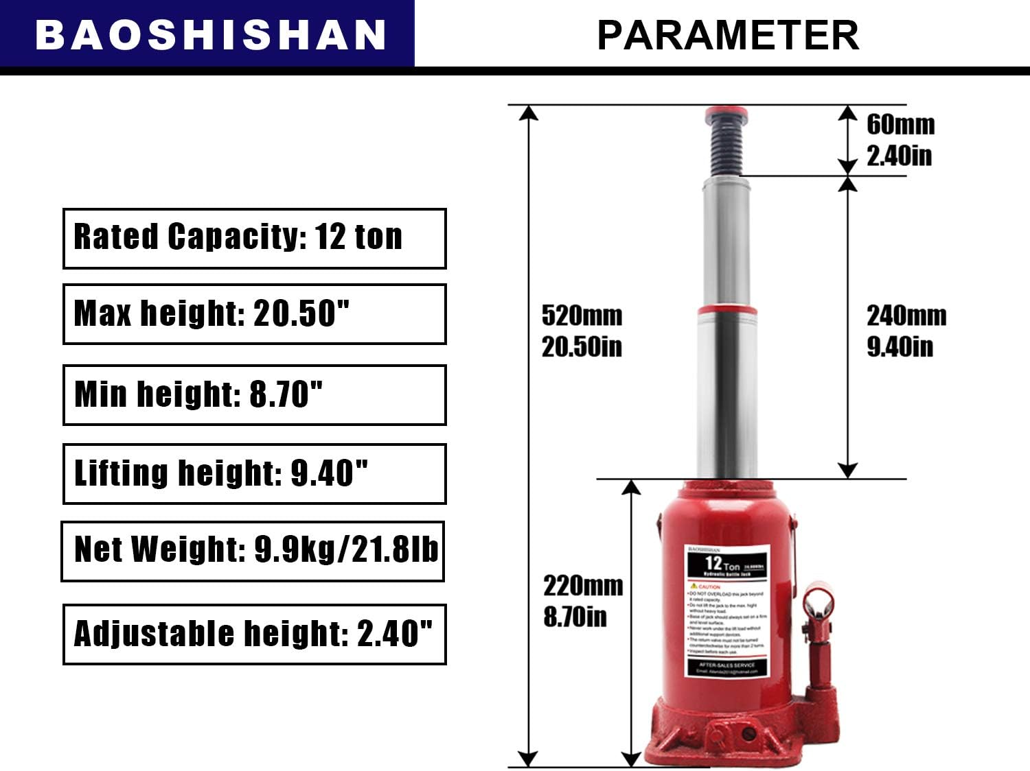 BAOSHISHAN 12 Ton Double Ram Bottle Jack 8-5/8