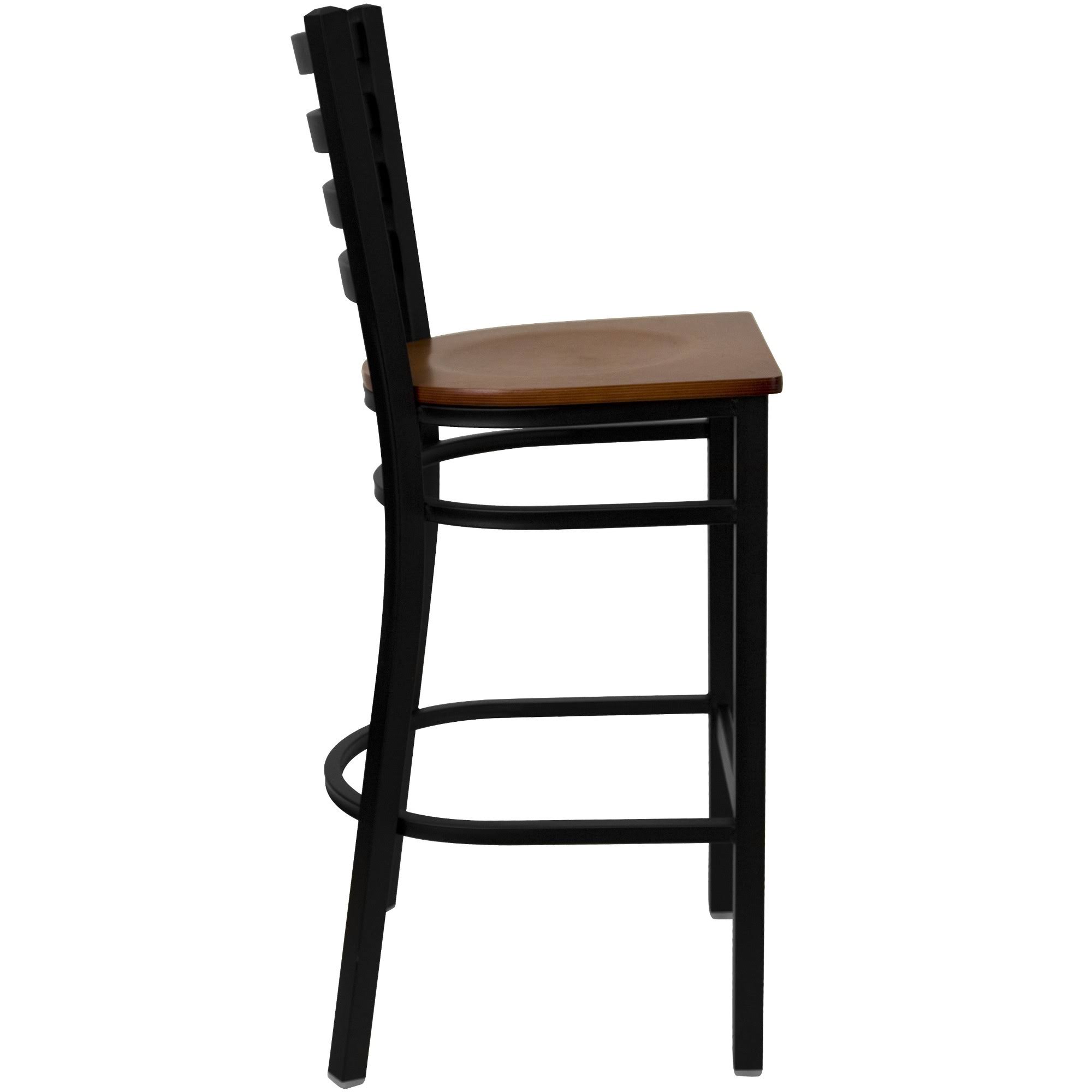 Hercules Series Black Ladder Back Metal Restaurant Barstool - Cherry Wood Seat
