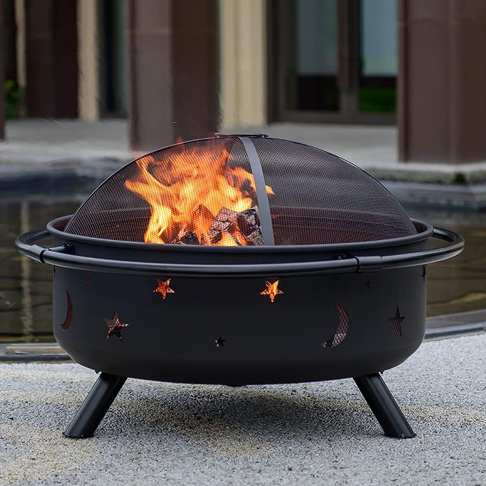 Outdoor Fire Pit- 36 Inch Large Fire Pit Outdoor Wood Burning Firepit with Round Spark Screen, Metal Grate and Fire Poker, for Bonfire Wood Burning Steel Patio,Backyard Firepit