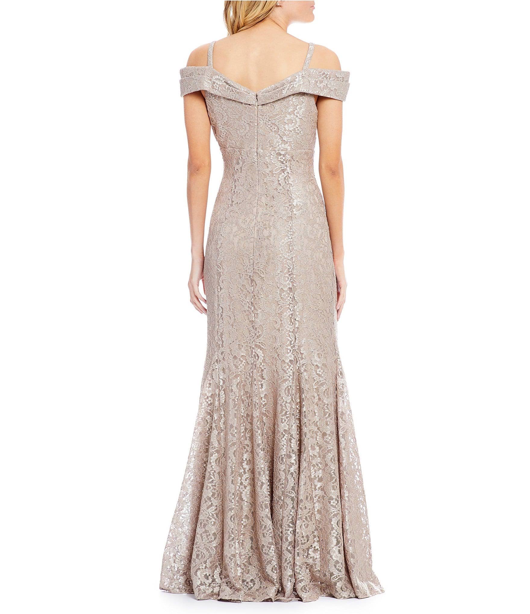 R u0026 M Richards Off-The-Shoulder Lace Gown - Merlot