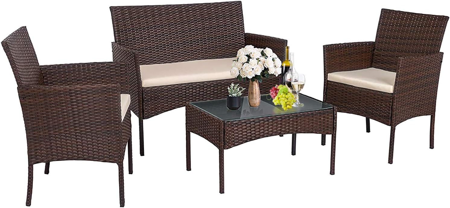 Vnewone Outdoor Patio Furniture Sets 4 Pieces Patio Set Rattan Chair Wicker Sofa Conversation Set Patio Chair Wicker Set with Table Backyard Lawn Porch Garden Poolside Balcony Furniture (Black)