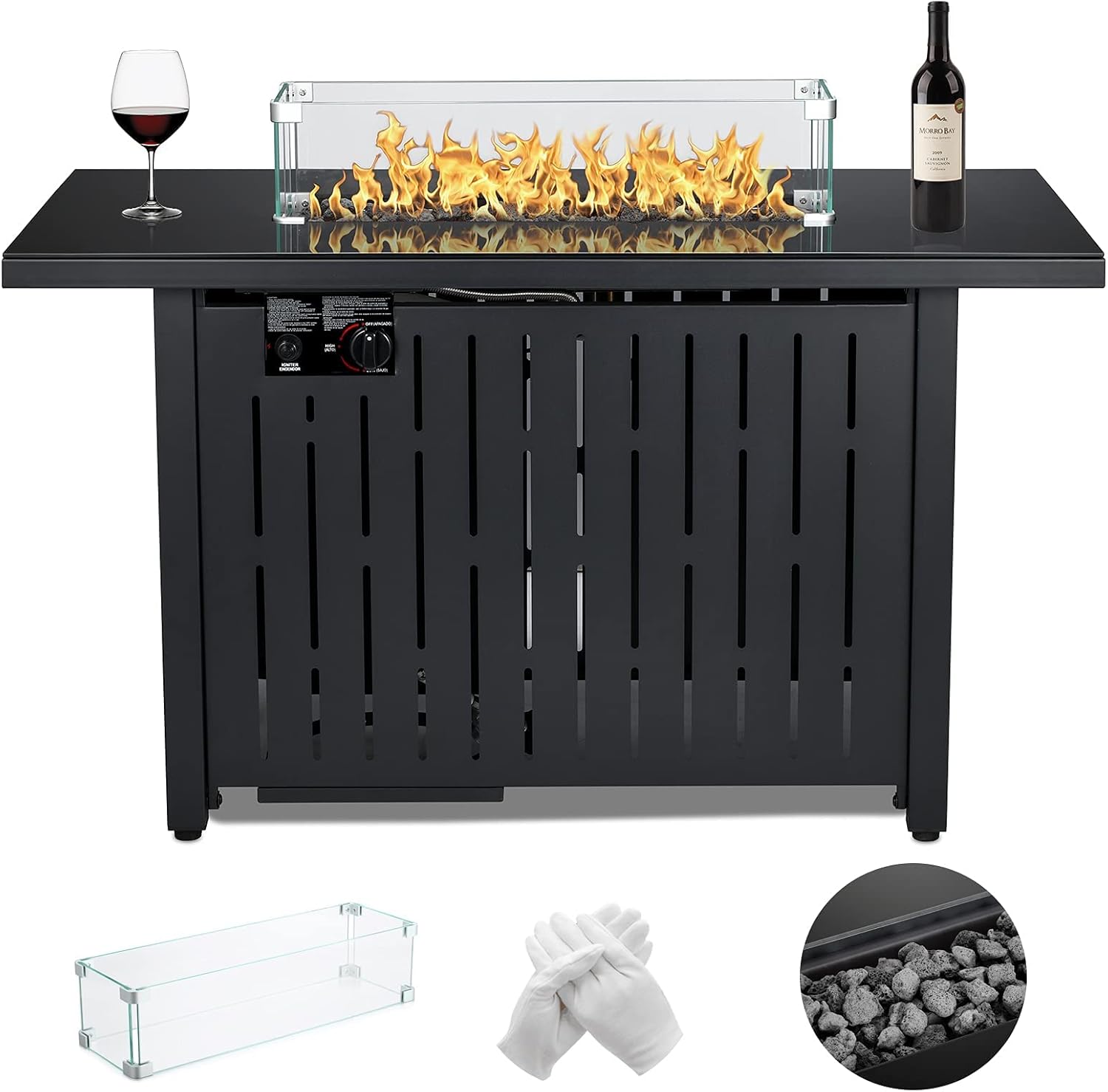Propane Fire Pit Table, 43 Inch 50,000 BTU Auto-Ignition Gas Fire Pit Table with Glass Wind Guard, Lava Stone, ETL Certification for Garden/Patio/Backyard/ Deck Poolside.