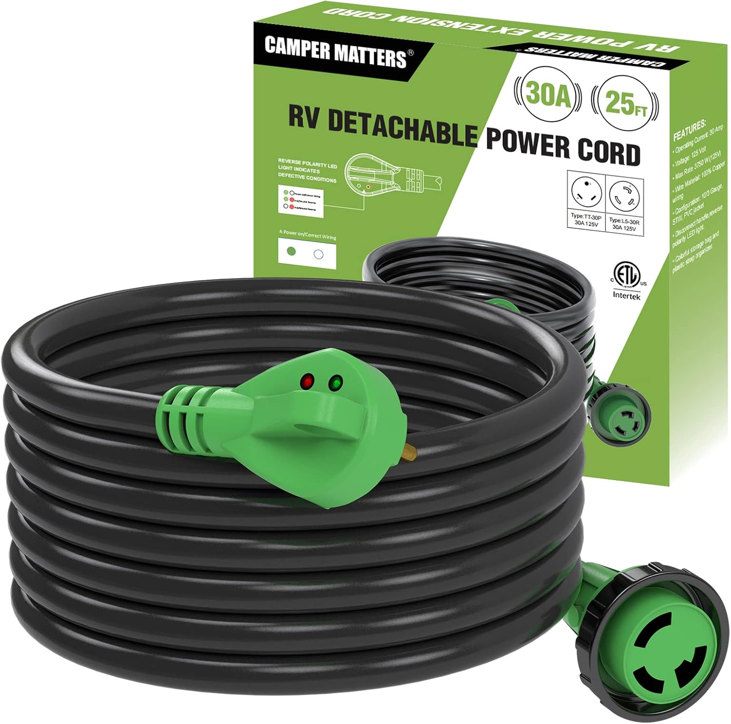 RV Detachable Power Cord 30A 25FT with Polarity LED Indicator, TT-30P Male to L5-30R Locking Female, Come with Storage Bag and Plastic Strap, Suit for RV, Trailer, Campers