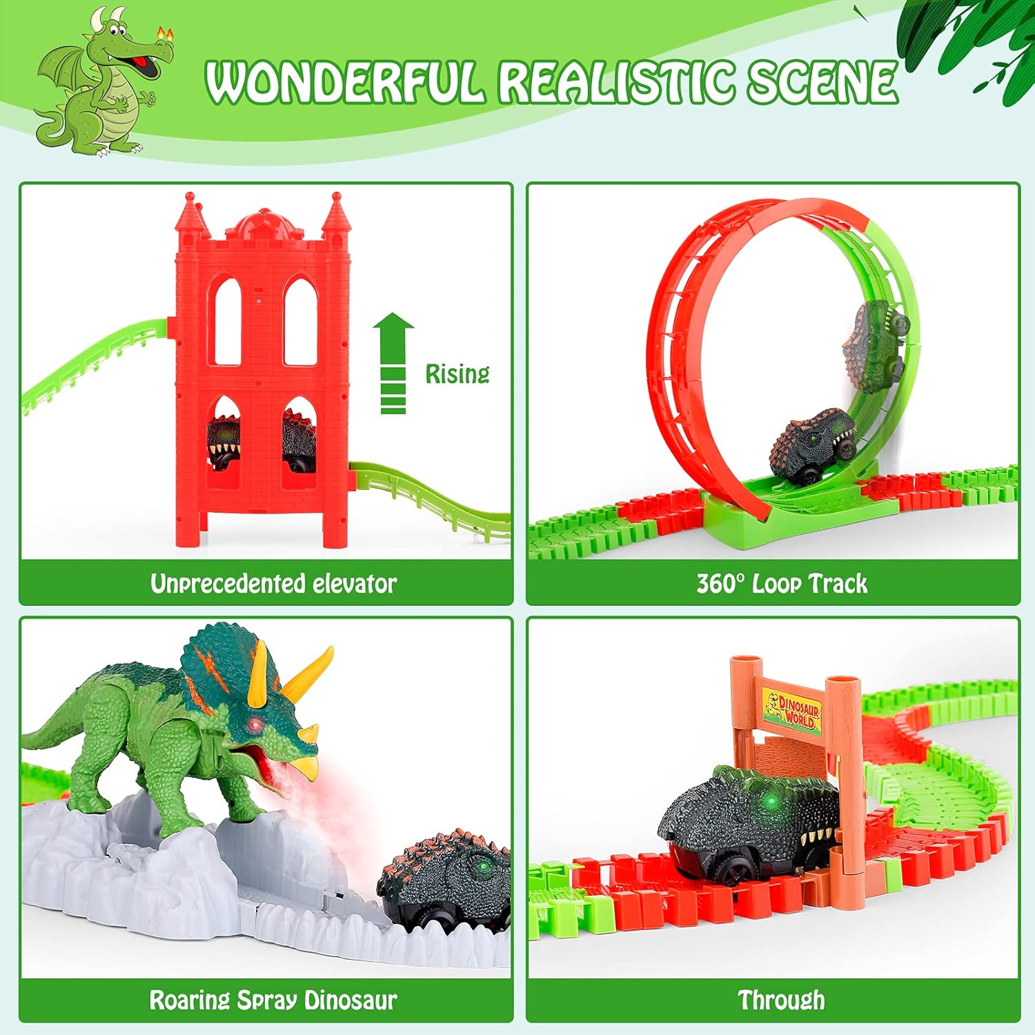 Dinosaur Toys Race Track, 221PCS Flexible Train Track Playset with 2 Dinosaur Cars, 1 Bridge & 360 Degree Ferris wheel, Create A Dinosaur World Road Race, Gifts for 3 4 5 6 7 Years Old Boys Girls Kids