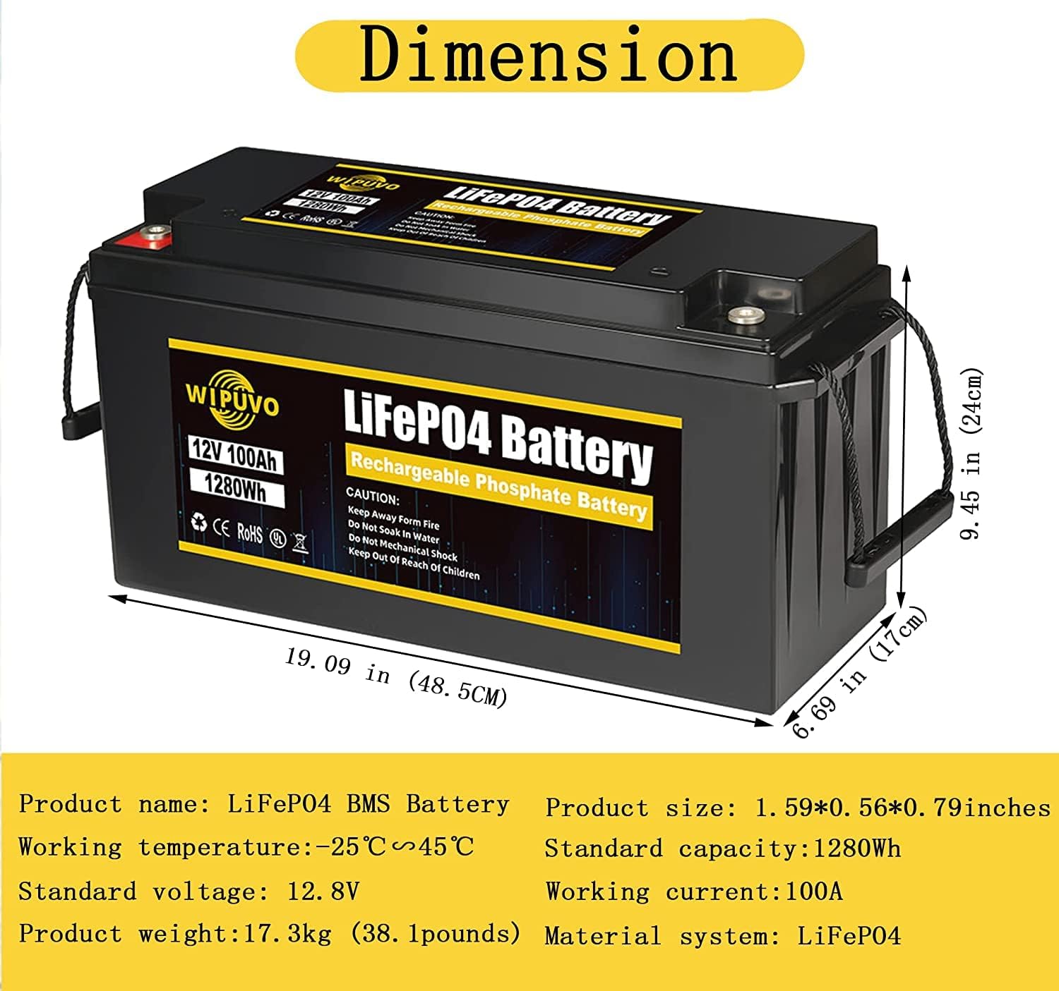 WIPUVO 12V 100Ah Lithium Battery LiFePO4 Deep Cycle Rechargeable Battery Pack with Built in BMS Perfect for RV Solar and Off Grid Applications