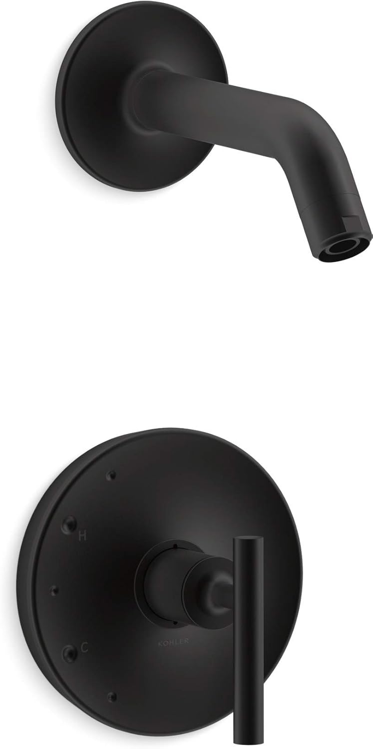 KOHLER Purist Rite-Temp(R) shower valve trim with lever handle, less showerhead, Matte Black Trim, Matte Black, K-TLS14422-4-BL