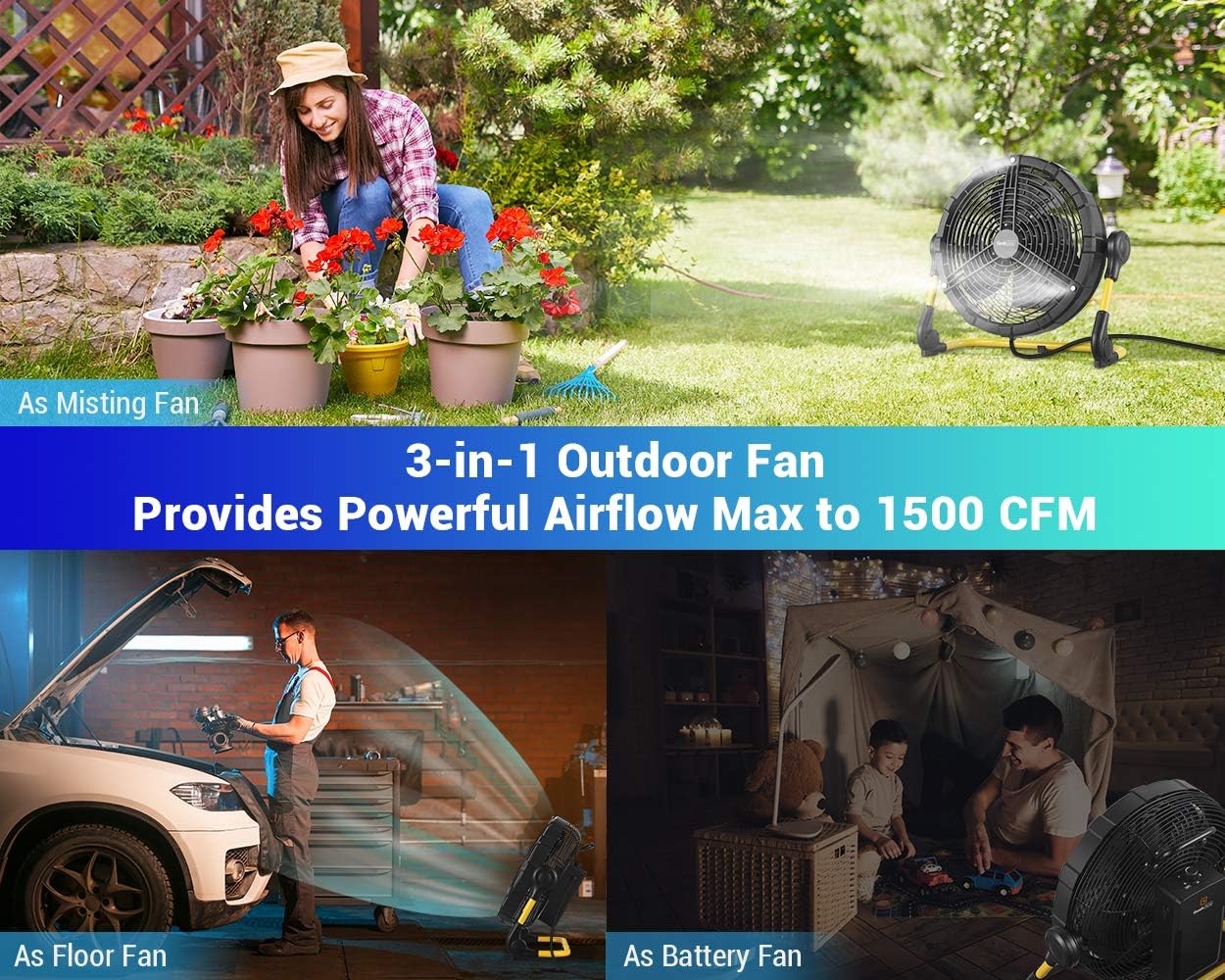 Geek Aire Battery Operated Fan, Rechargeable Outdoor Misting Fan, Portable High Velocity Metal Floor Fan with 15000mAh Detachable Battery & Misting Function, Ideal for Patio, Camping, More - 16 inch
