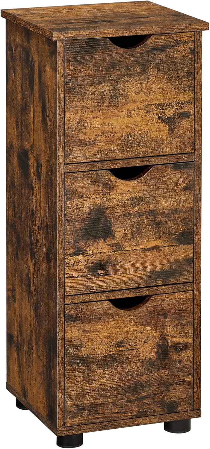 VASAGLE Bathroom Cabinet Floor Cabinet, Storage Cabinet Free-Standing with 3 Drawers, 11.8 x 11.8 x 31.5 Inches, for Bathroom, Living Room, Kitchen, Rustic Brown UBBK150X01 Pack of 2