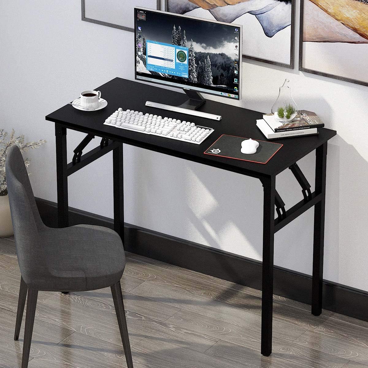 Mepplzian 39.3 inch Folding Computer Desk, Modern Simple Sturdy Writing Table for Home Office Workstation, PC Compact Laptop Desk for Small Space, Office Workstation (Natural) Pack of 2