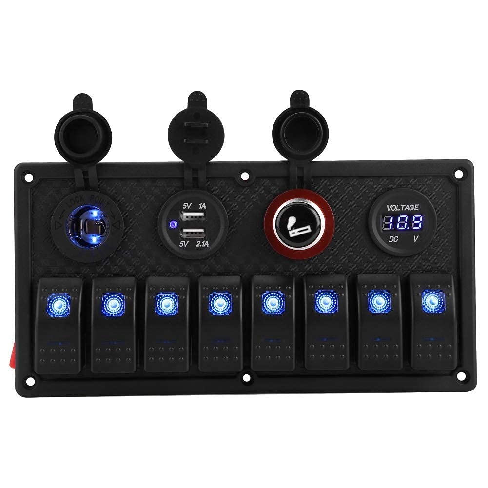 Led Boat Lights 12V 24V 8 Gang Car Boat LED Rocker Switch Control Panel Boat Switch Panel Dual USB Voltmeter Cigarette Lighter Pack of 2