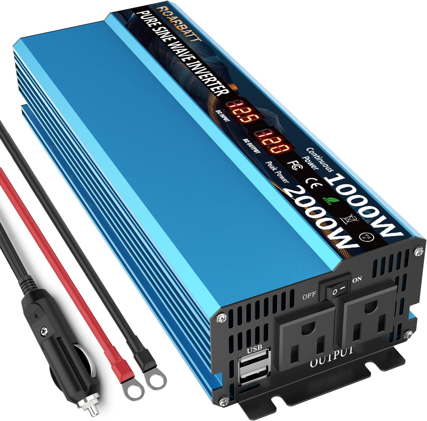 ROARBATT Pure Sine Wave Inverters 1000W Continuous/2000W Peak DC 12V to AC 110V Car Power Inverter 2 AC Outlets & 3.4A USB Output