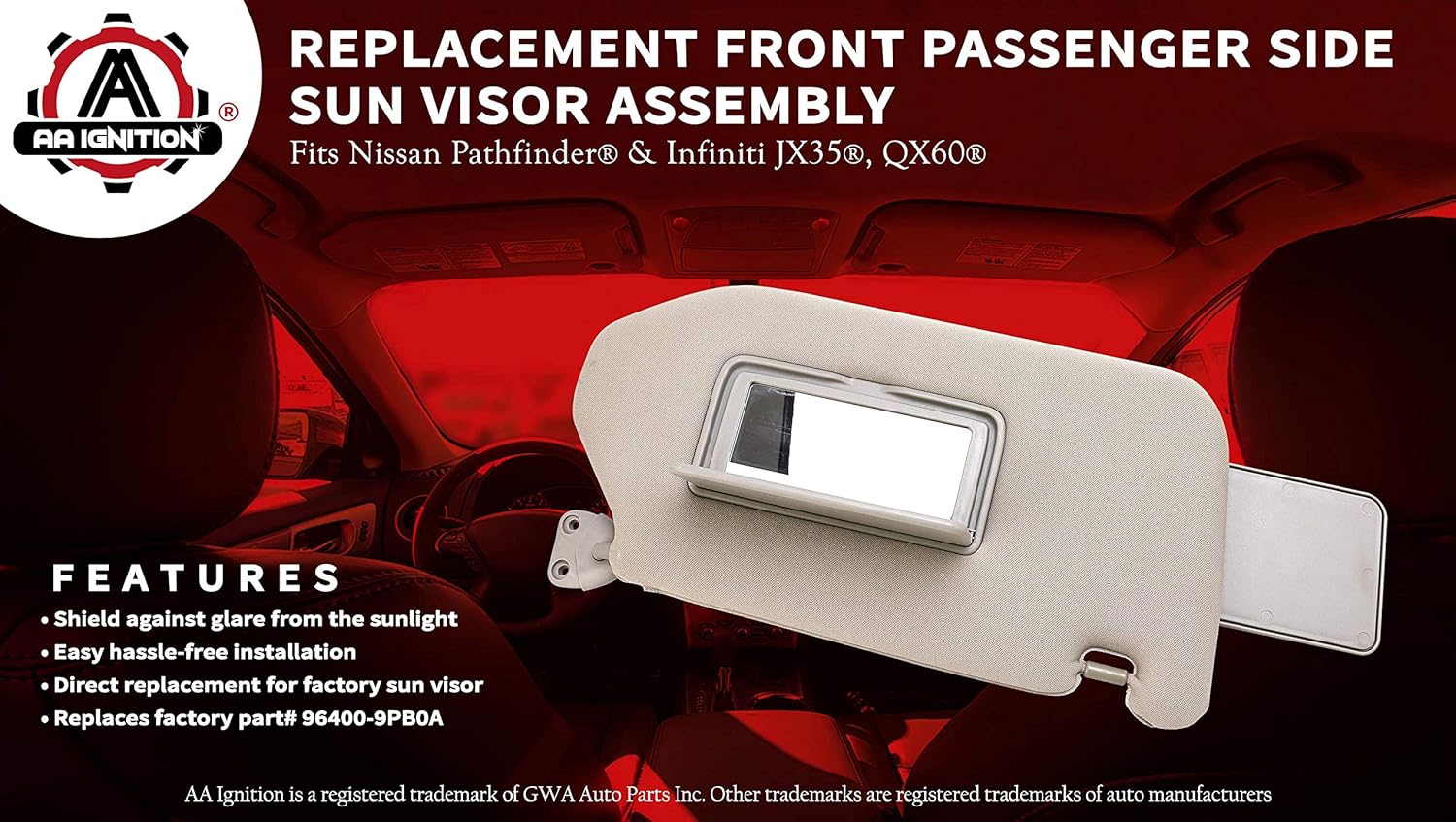 Passenger Side Sun Visor Right Side Tan with Lamp - Compatible with Nissan & Infiniti Vehicles - Pathfinder, QX60, 2013 JX35 - Replaces 96400-9PB0A, 96400-3JA0A, 964003JA0A, 964009PB0A