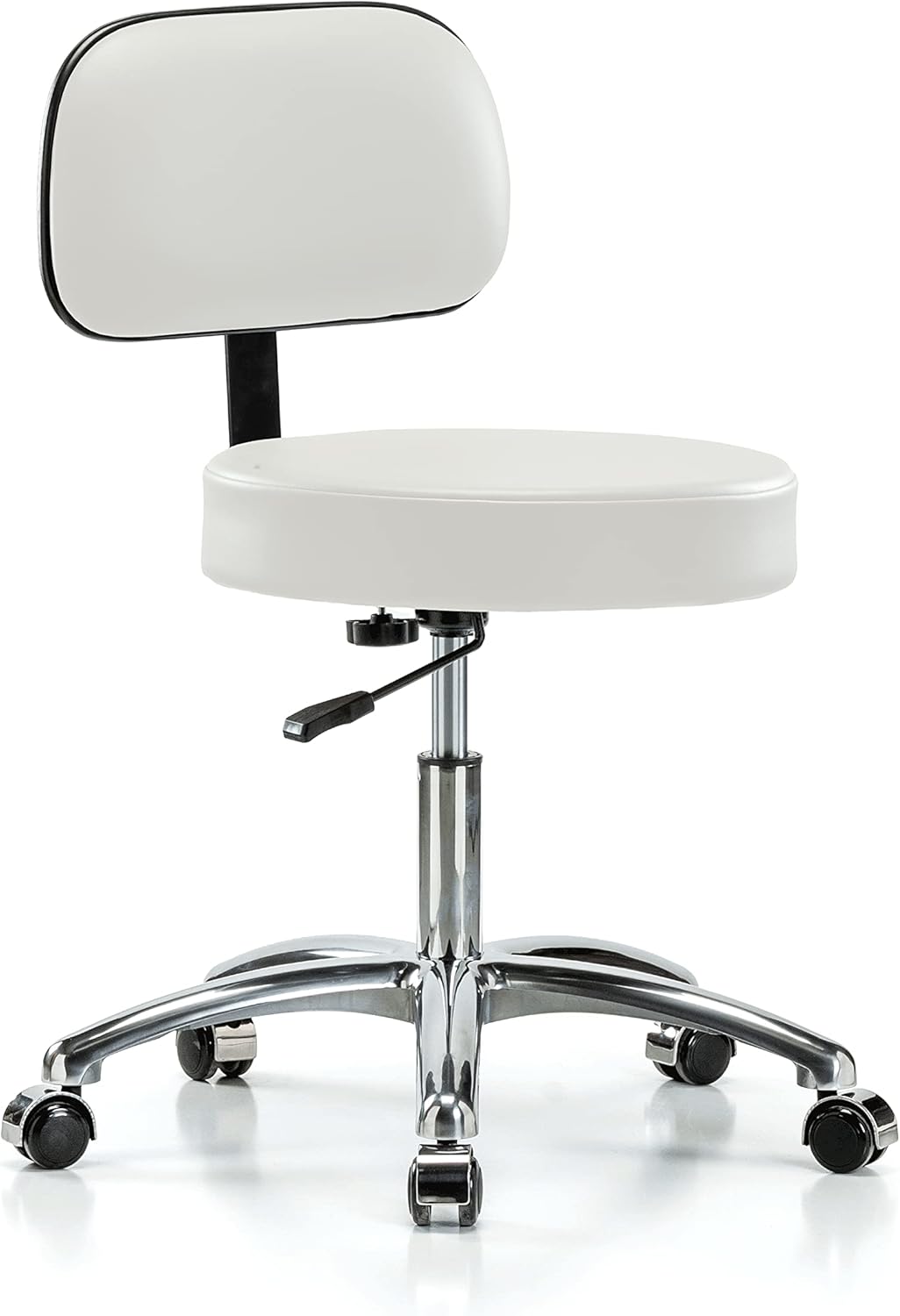 PERCH Chrome Walter Rolling Height Adjustable Exam Stool with Back for Carpet or Linoleum | Workbench Height | 300-Pound Weight Capacity | 12 Year Warranty (Black Vinyl)