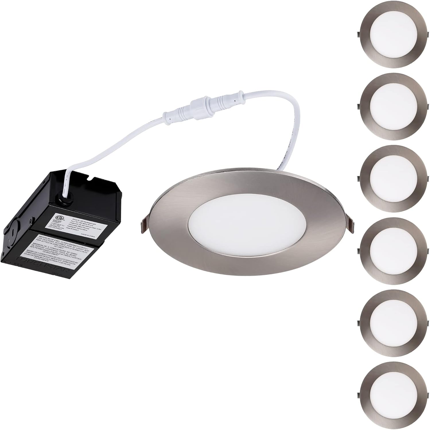 TORCHSTAR 6 Inch LED Recessed Lighting with J-Box E-Lite Series, Slim Panel Downlight Dimmable, 13.5W CRI90+, Satin Nickel, 5000K Daylight, ETL & Energy Star Listed, Pack of 6