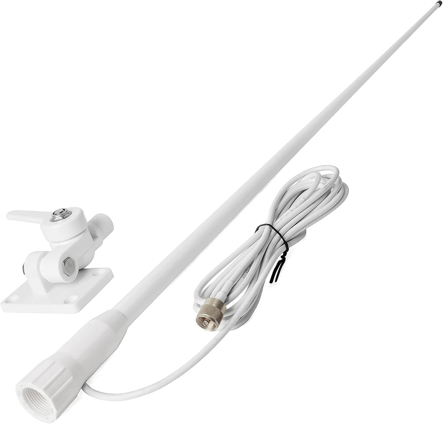 HYS VHF Marine Antenna Waterproof 3DBI 43.3inch Fiberglass Antennas W/22.9ft(7m) RG58 Low Loss Premium Coaxial Cable with PL259/ Built-in to Nylon Ratchet Mount Pack of 2