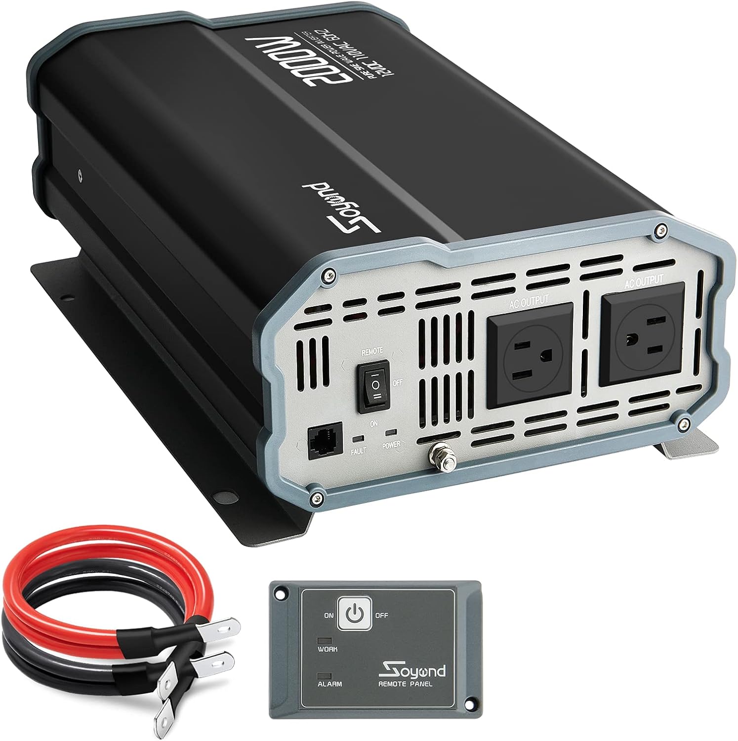 Power Inverter Pure Sine Wave 2000 Watt ,Soyond 12vdc to 120vac Rv Inverter with Remote Controller(16ft) & Dual Ac Outlets Solar Inverter for Rv Car Home Solar System Emergency