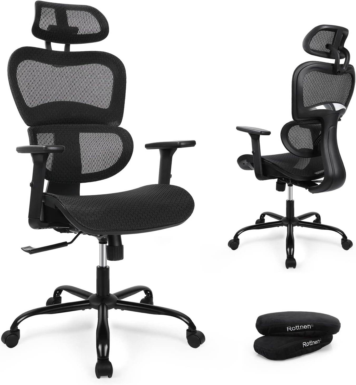 Rottnen ErgoRo Ergonomic Office Chair-Rolling Desk Chair with 3D Adjustable Armrest & Memory Foam Armrest Pads, 3D Lumbar Support, Executive Office Chair, Gaming Chair, Mesh Computer Chair(Black)