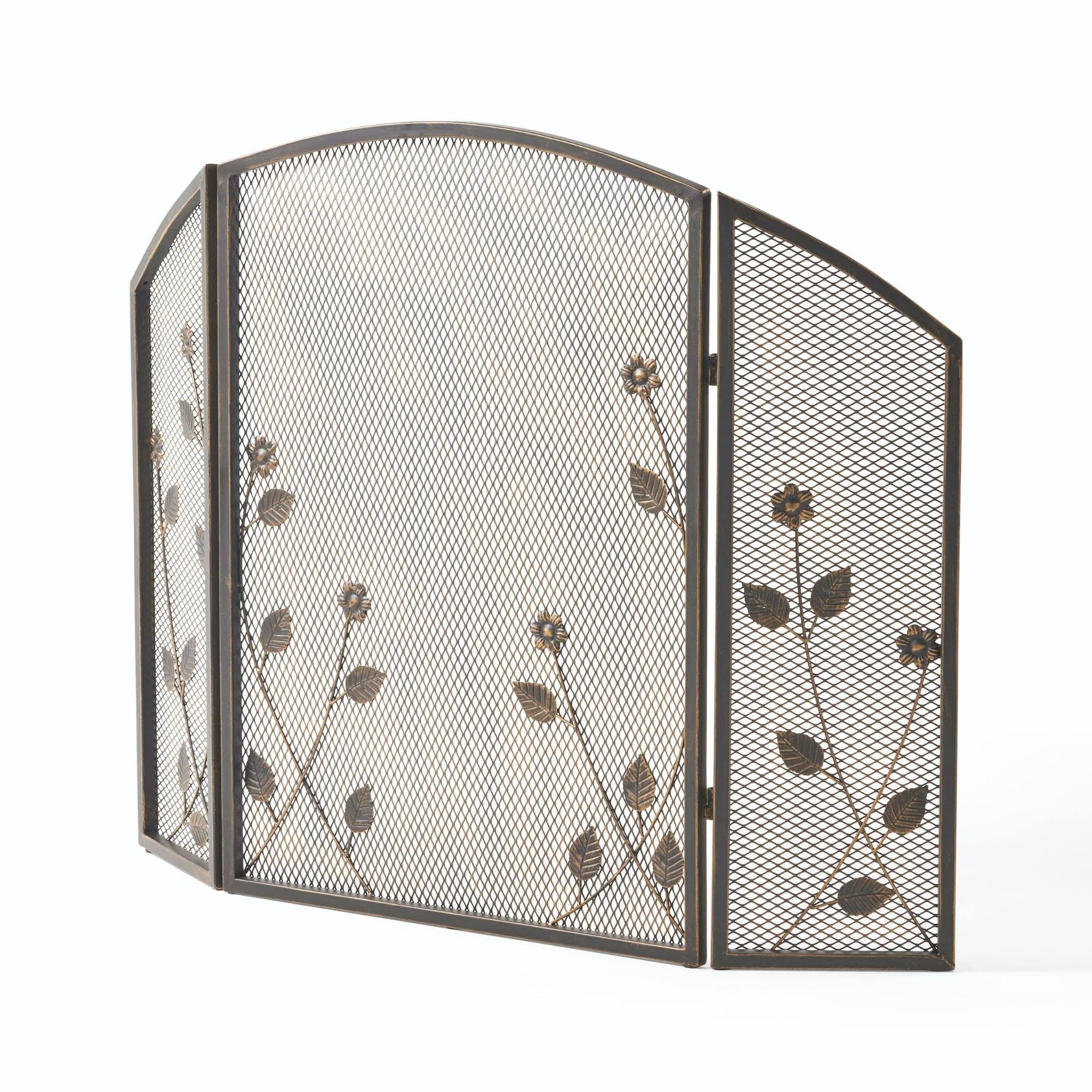 41x22 Black Contemporary Leaf Accent Three Panel Fireplace Screen