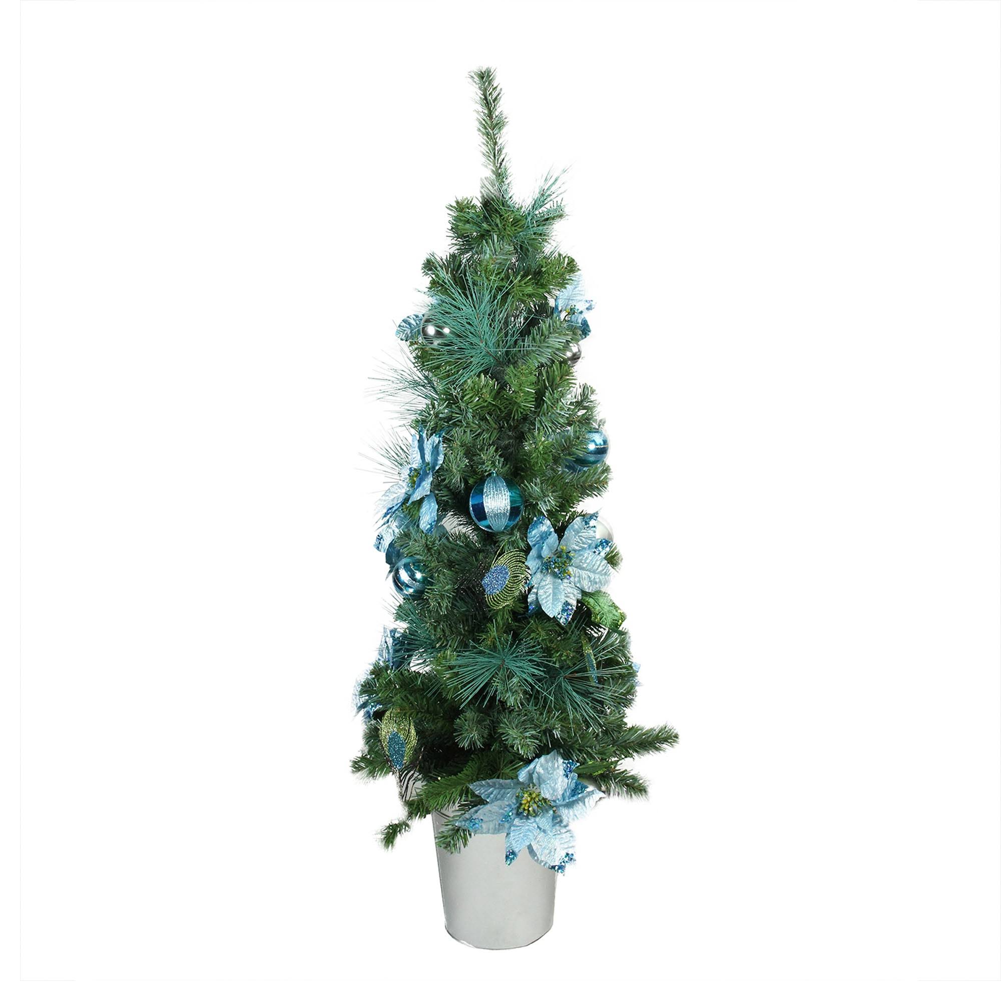 Northlight 48x22 Pre-Decorated Peacock Blue and Silver Potted Artificial Christmas Tree - Unlit