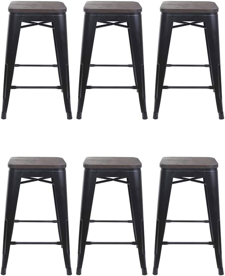 GIA 24-Inch Counter Height Backless Metal Stool with Dark Wood Seat, Black, Set of 6