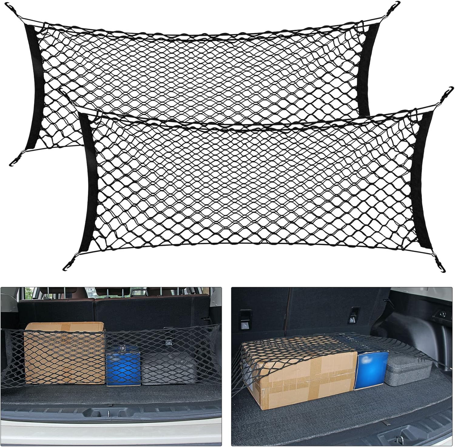 2pcs Rear Cargo Nets for SUV, 35''- 48'' Adjustable Envelope Style Cargo Trunk Net, Heavy Duty Elastic Storage Organizer Mesh Net for SUV Cars Vechile, Car Interior Accessories Pack of 2