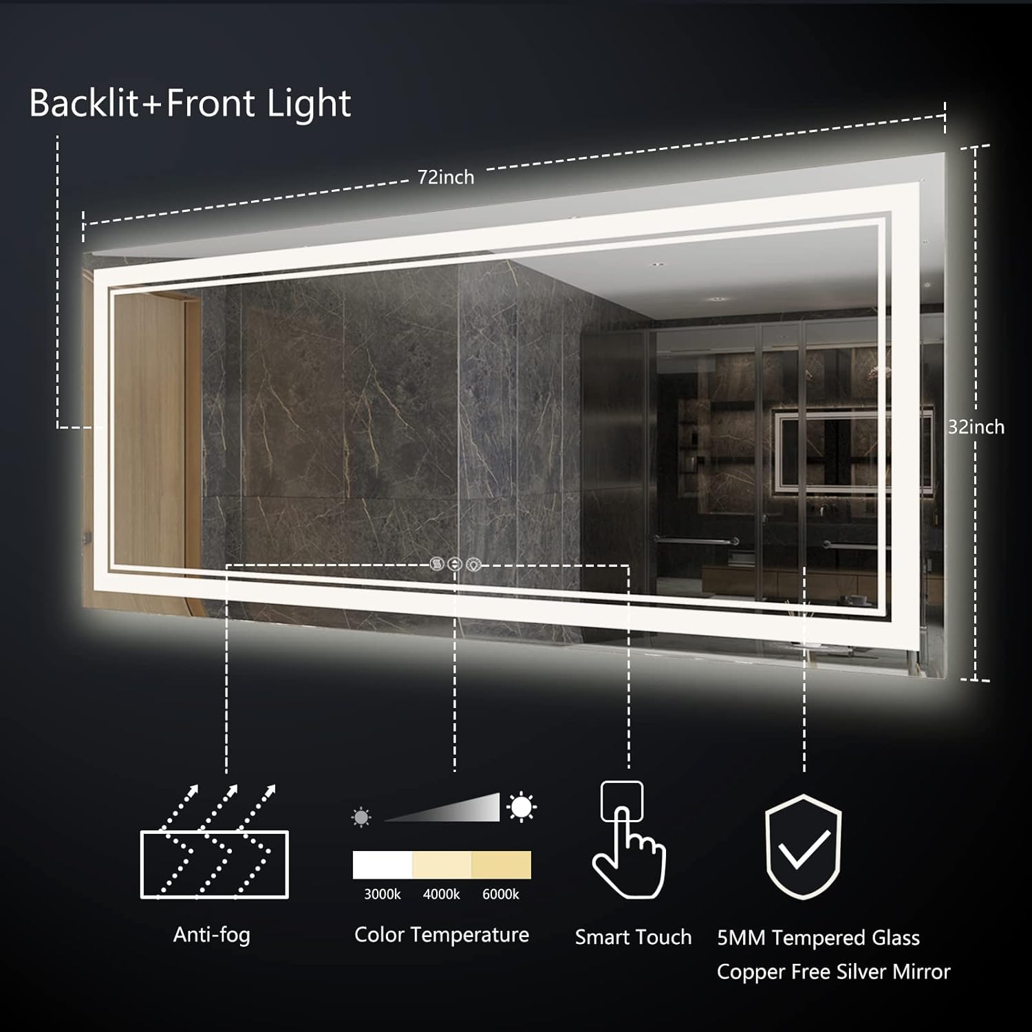 LED Bathroom Mirror with Lights,Awandee Vanity Mirror for Bathroom,72 x 32 Inch Large LED Mirror for Bathroom with Backlit + Front Lighted Double Lights Strip,Anti-Fog,Dimmable Lighting