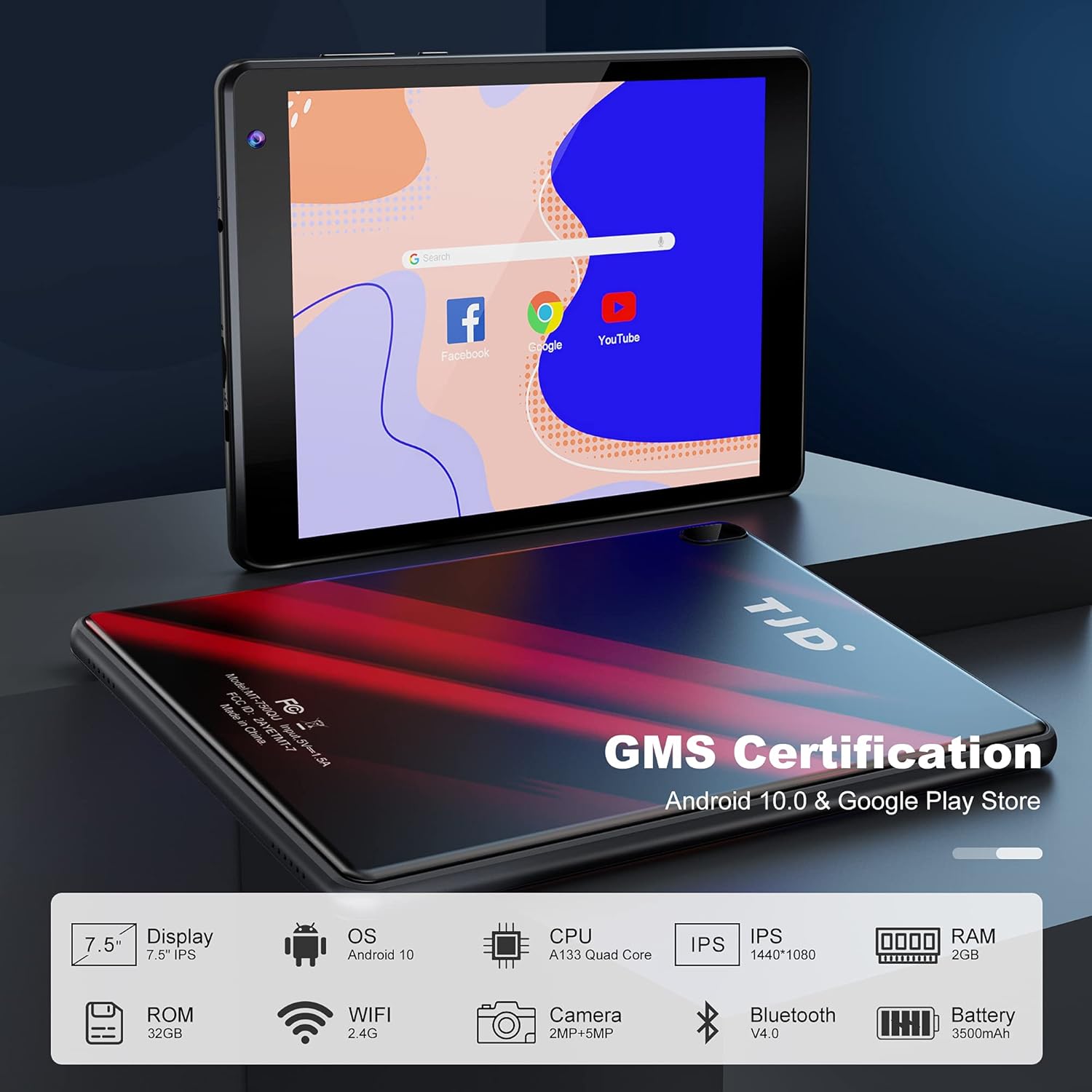 TJD 7.5 Inch Android Tablet, 1440x1080 IPS Display, Android 10, 2GB RAM 32GB ROM, 2MP+5MP Dual Camera, Quad-Core Processor, Wi-Fi Bluetooth Google Certified 3500mAh Black Red