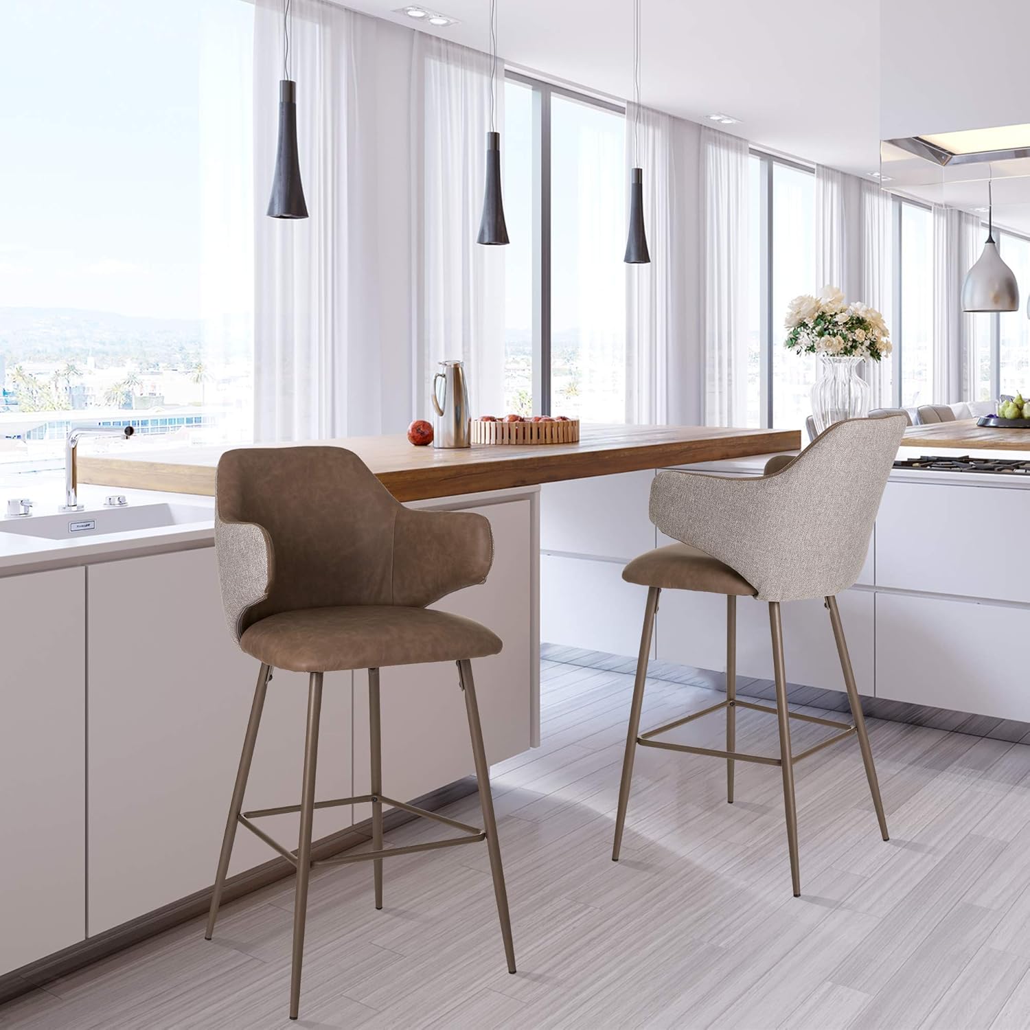 Glitzhome Rustic Steel Bar Table Round Wood Top and Modern Leather Barstool with Back Support and Metal Base, Set of 3