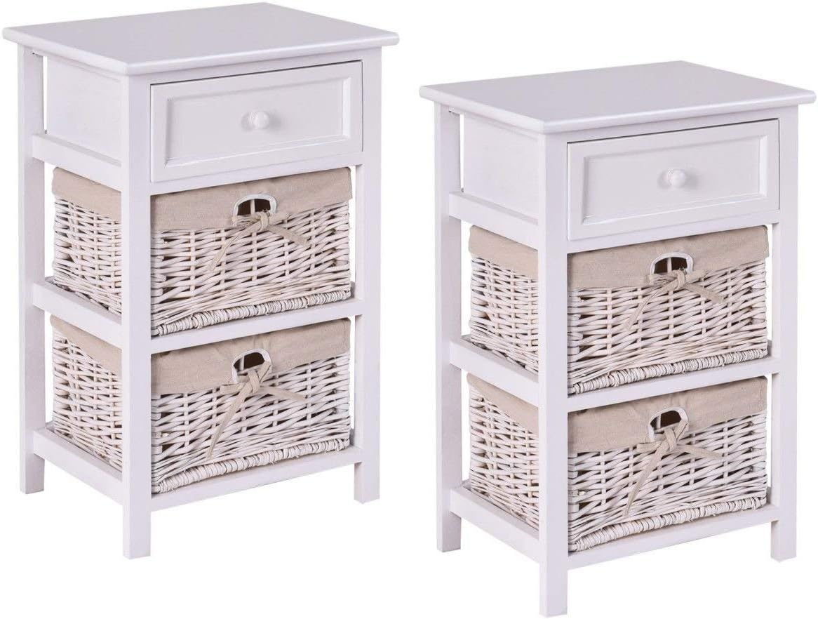 Giantex Wooden Nightstand 3 Tiers W/ 2 Baskets and 1 Drawer Bedside Sofa Storage Organizer for Home Living Room Bedroom End Table (2, Black)