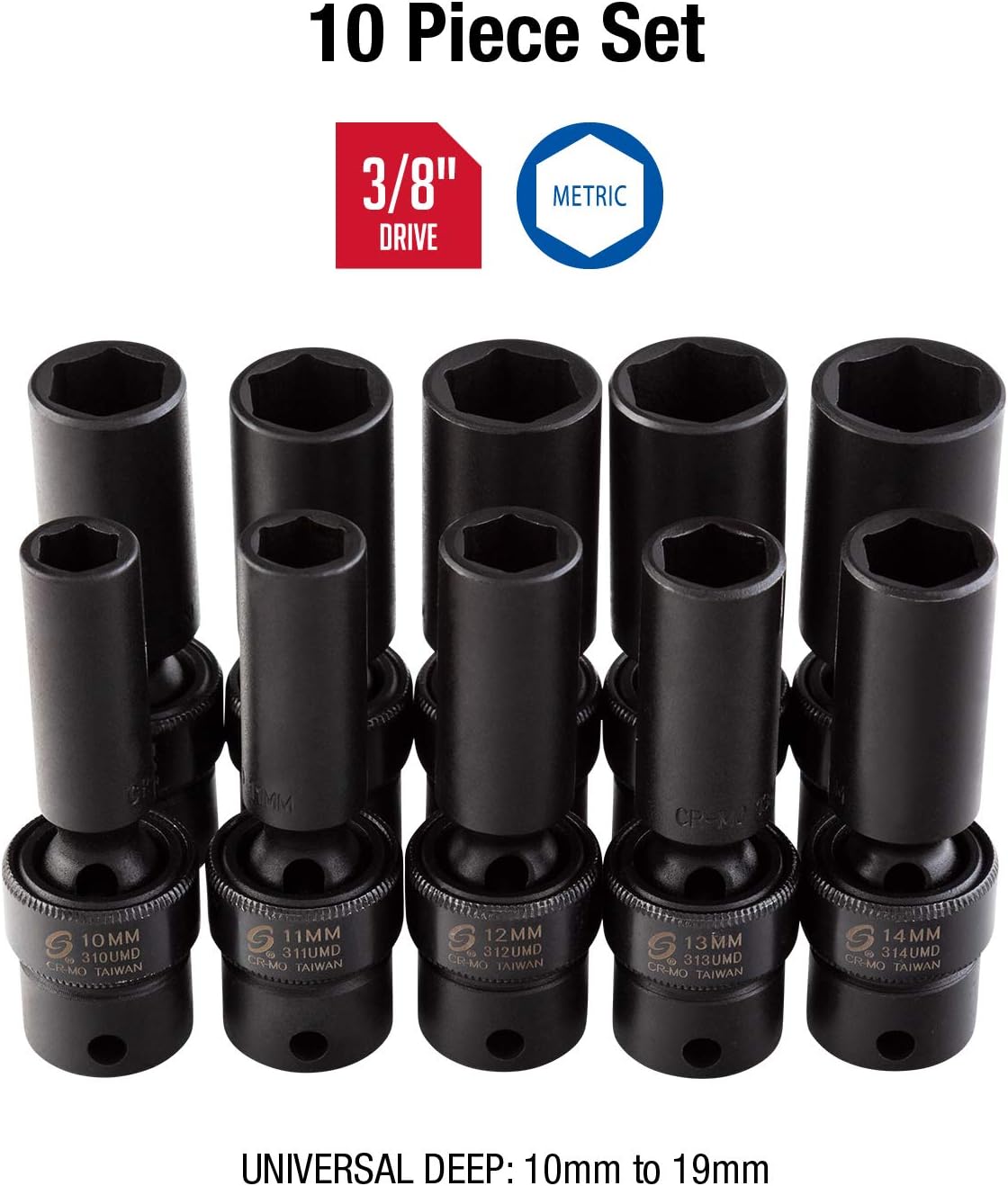 Sunex 3660 3/8-Inch Drive Deep Metric Universal Socket Impact Set, 10-Piece