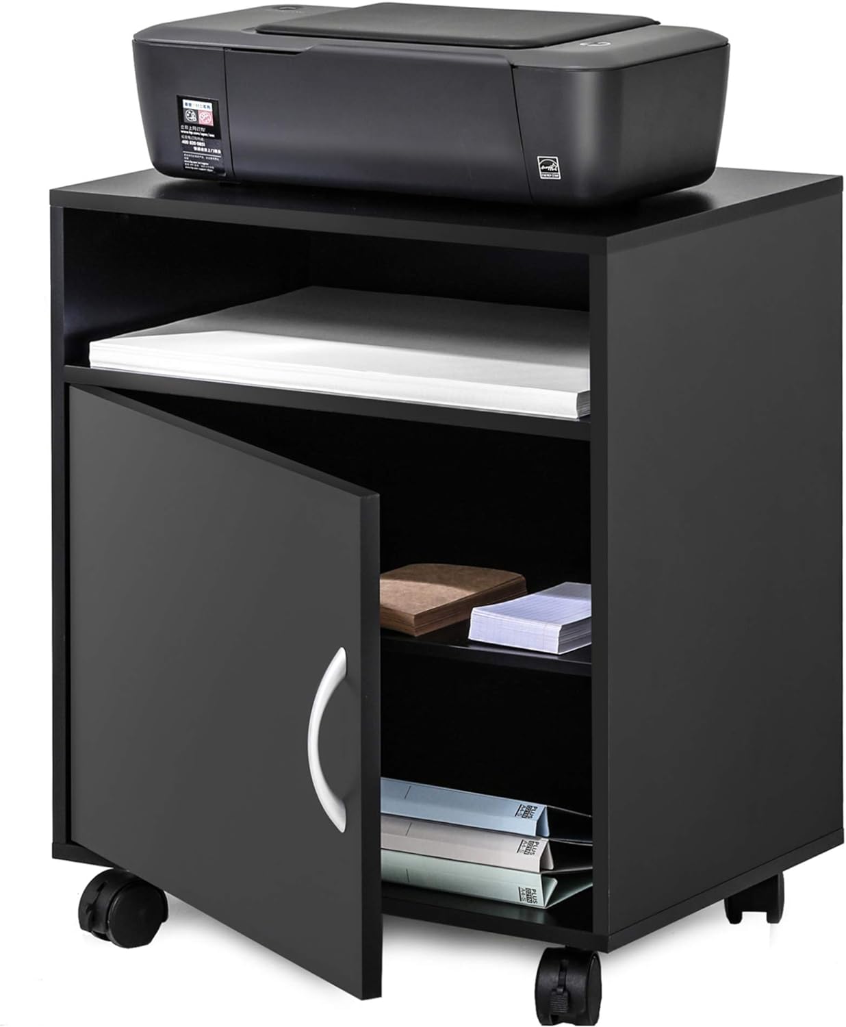 FITUEYES Printer Stand with Adjustable Storage Shelves, Mobile Black Wood Work Cart on Wheels, Rolling File Cabinet with Door for Home Office, PS404801WB