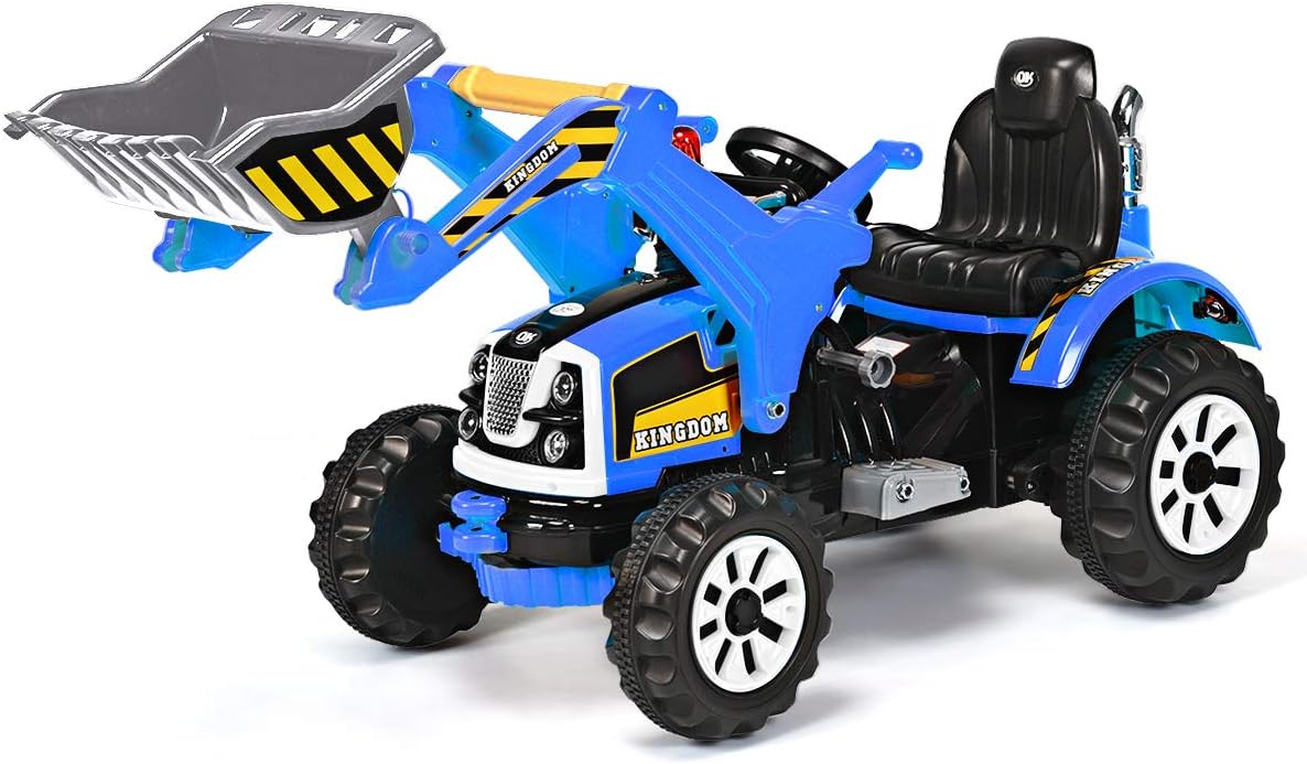 Costzon Ride on Excavator, 12V Battery Powered Construction Vehicles for Kids, Front Loader with Lights, Horn, 2 Speeds, Forward/Backward, Safety Belt,Treaded Wheels, Digger, Ride on Car (Blue)