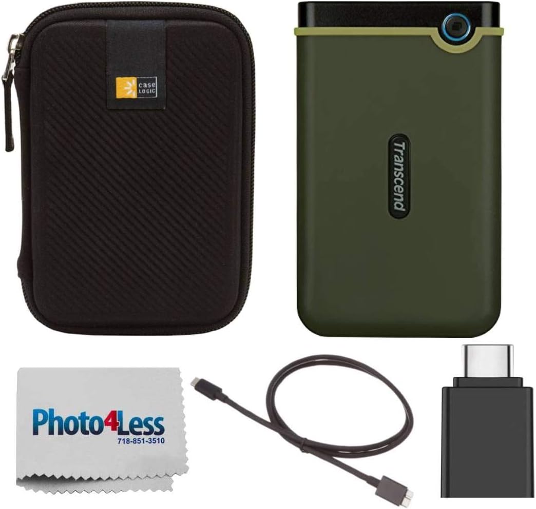 Transcend TS1TSJ25M3S 1 TB StoreJet M3 USB 3.0 Slim External Hard Drive, Military Green + Compact Hard Drive Case + USB C to USB 3.0 Adapter + Type C USB-C to USB 3.0 Micro B Cable
