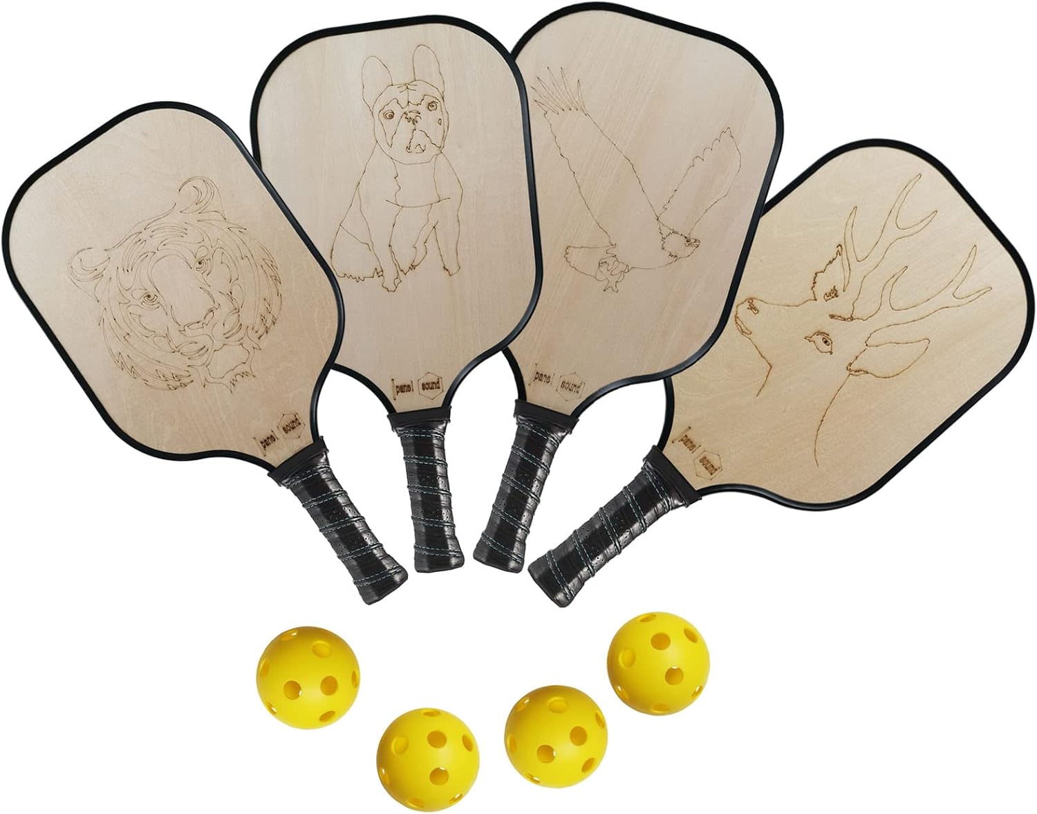 Panel Sound Wood Pickleball Paddles, Wooden Pickleball Set, Basswood Pickleball Rackets, Pickle Ball Racquet with Engraved Eagle, Deer, Tiger, Dog Figure, with 4 Indoor Balls Pack of 2